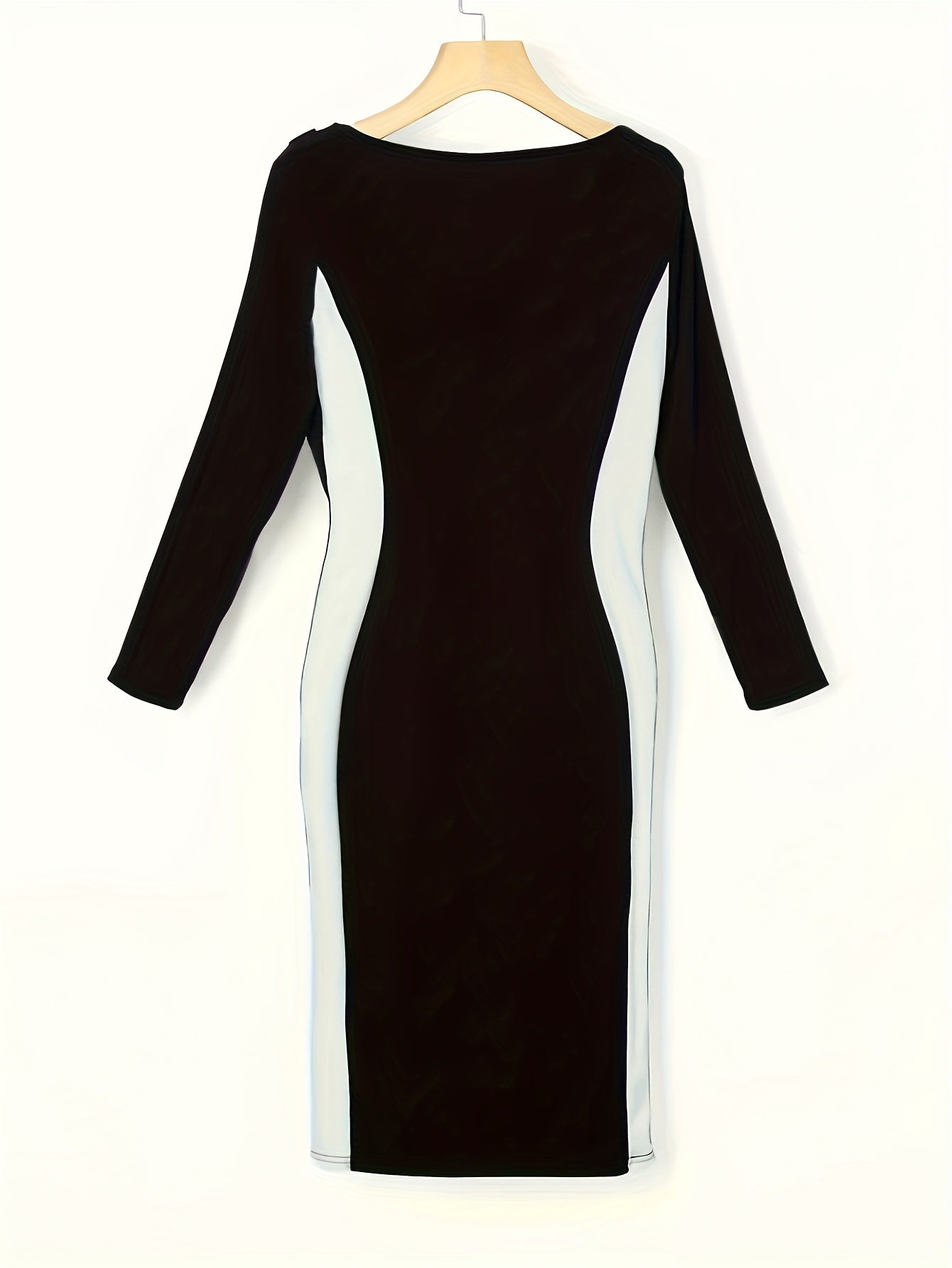 gbolsos Color Block Simple Dress, Casual V Neck Long Sleeve Pencil Dress, Women's Clothing