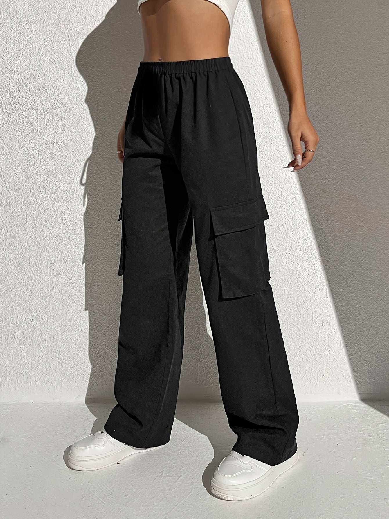 gbolsos Solid Flap Pocket Loose Cargo Pants, Casual Elastic Waist Versatile Pants, Women's Clothing
