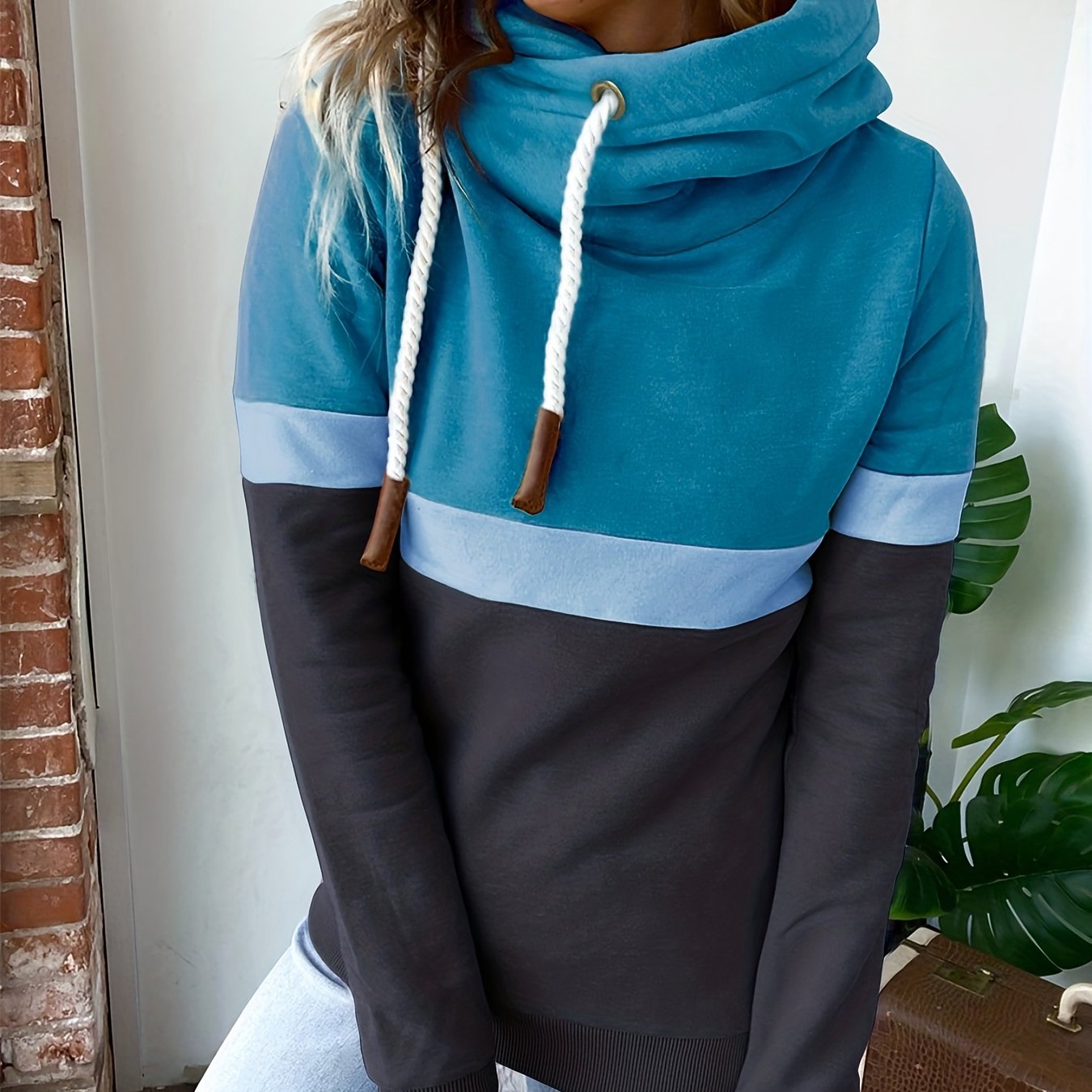 gbolsos Color Block Turtle Neck Hoodie, Casual Long Sleeve Drawstring Hoodies Sweatshirt, Women's Clothing