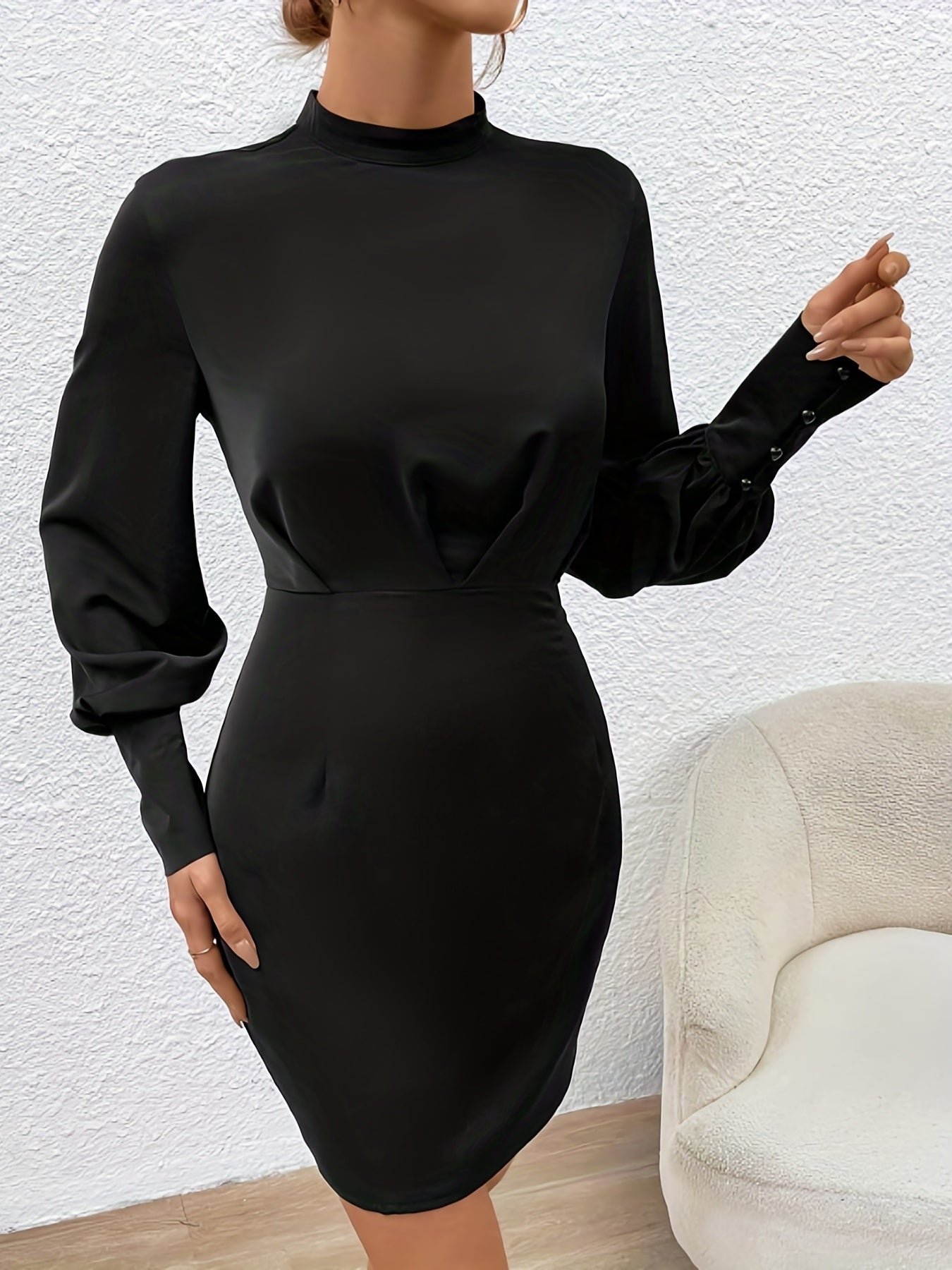 Long Sleeve Sheath Dress, Stand Collar Casual Every Day Dress, Women's Clothing