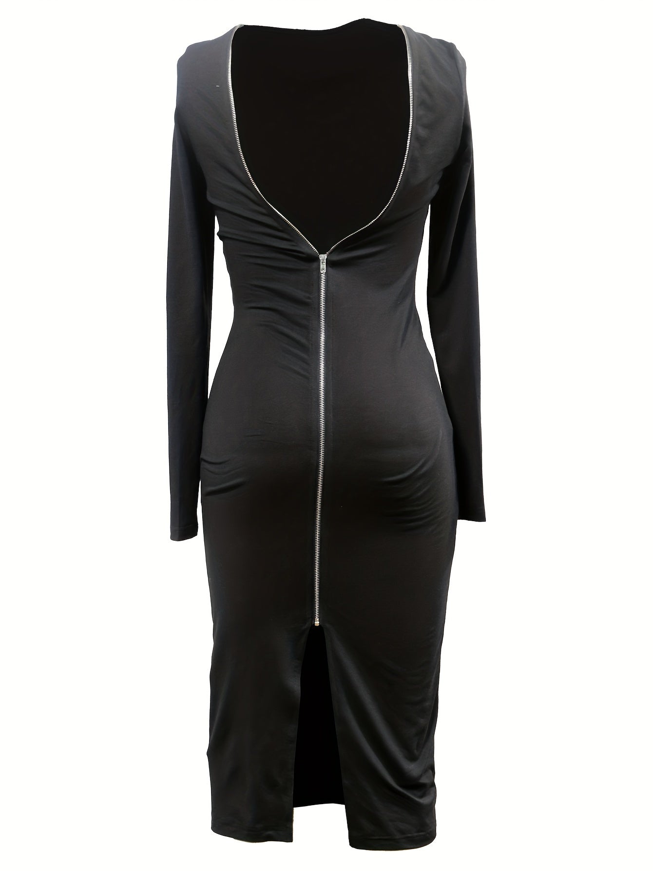 Solid Zipper Back Bodycon Dress, Elegant Long Sleeve Split Dress For Spring & Fall, Women's Clothing