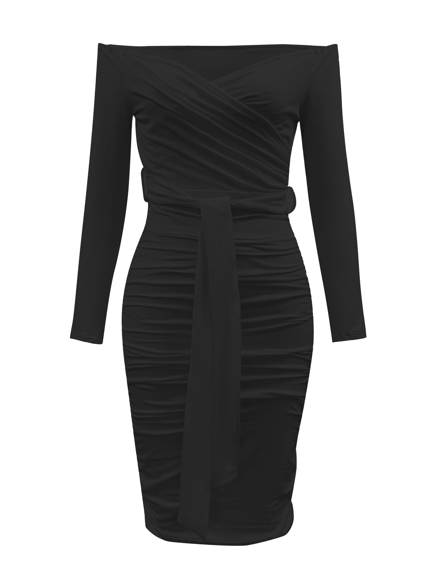 gbolsos Ruched Solid Dress, Casual Off Shoulder Bodycon Long Sleeve Dress, Women's Clothing