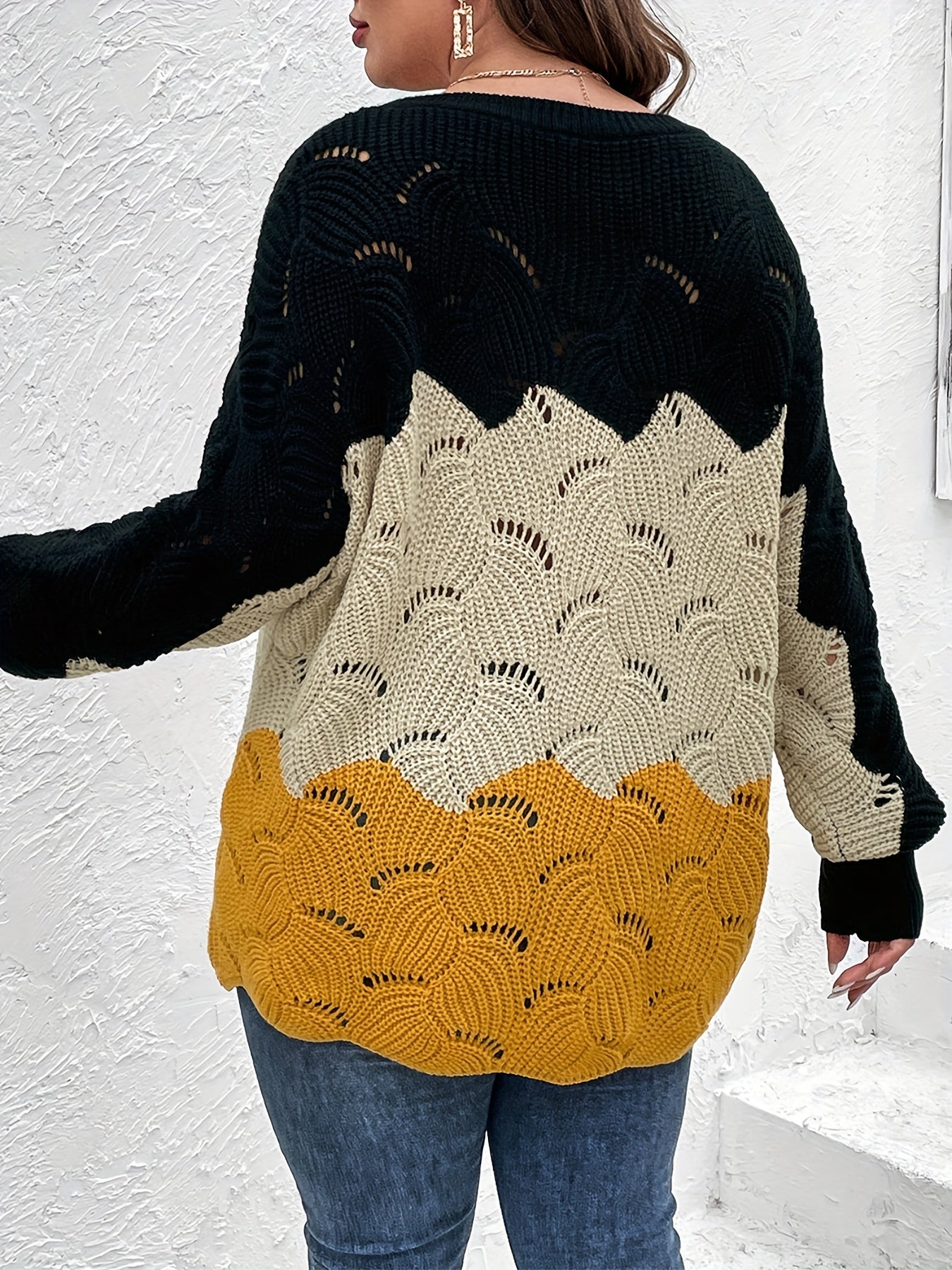 gbolsos Plus Size Colorblock Eyelet Embroidered Boat Collar Sweater, Women's Plus Slight Stretch Casual Sweater