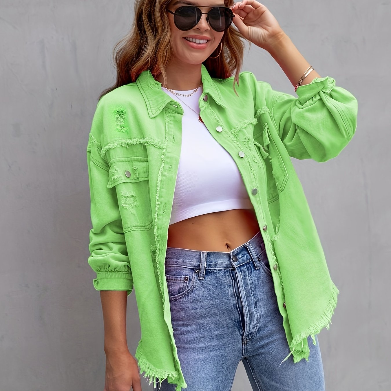 gbolsos Ripped Raw Edge Oversized Denim Jacket, Distressed Collar Long Sleeves Denim Coat, Flap Pockets Single-breasted Button Up Loose Denim Jacket, Women's Denim Jeans & Clothing