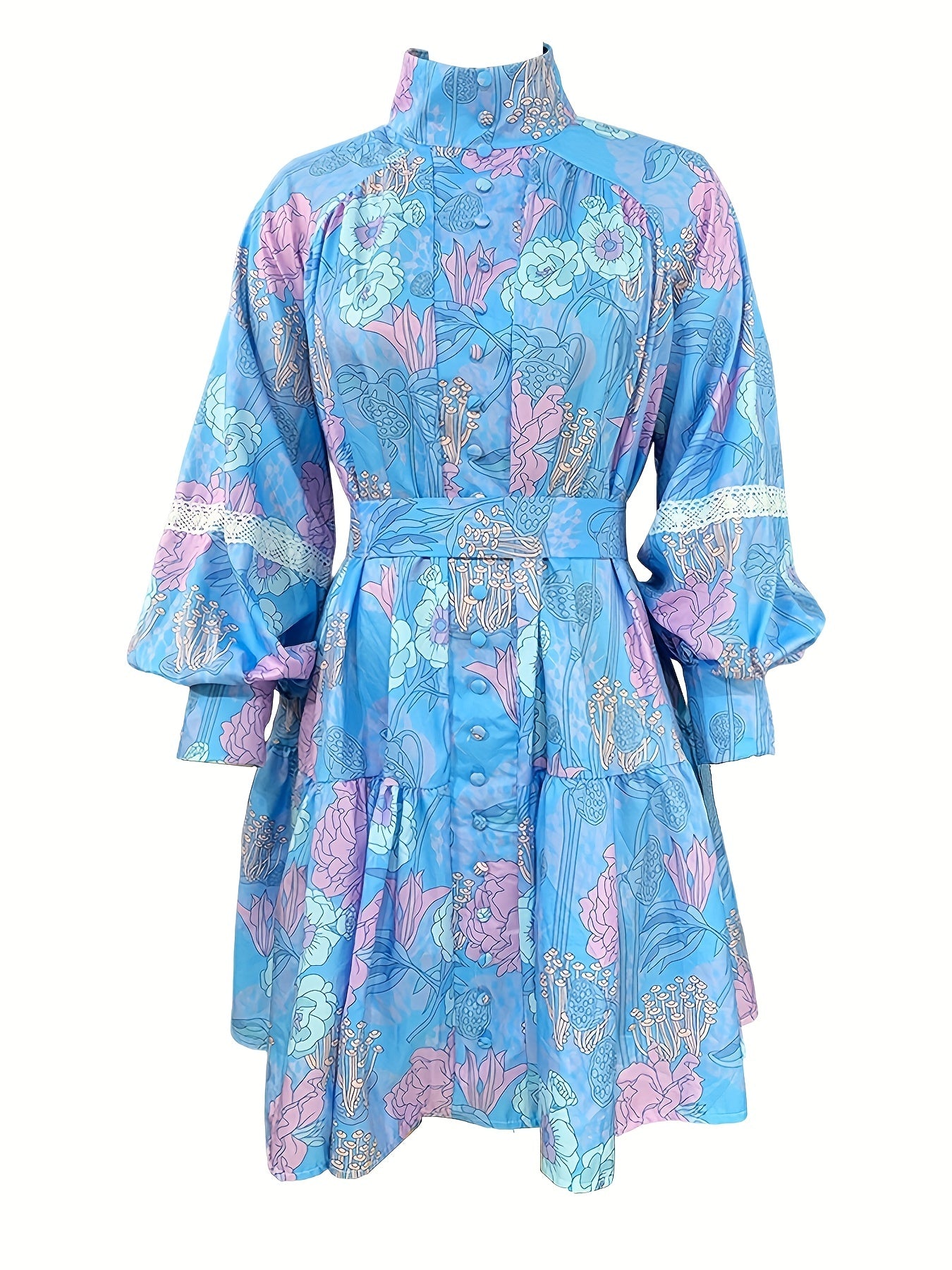 gbolsos Floral Print Button Front Dress, Elegant Pleated Long Sleeve High Collar Summer Dress, Women's Clothing