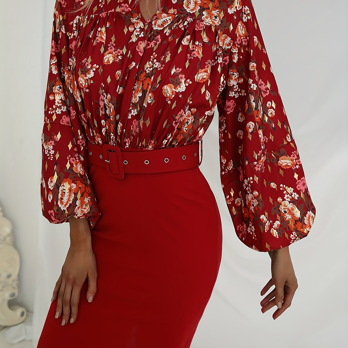 gbolsos Floral Print Belt Dress, Elegant Keyhole Neckline Puff Long Sleeve Bodycon Dress For Spring & Fall, Women's Clothing