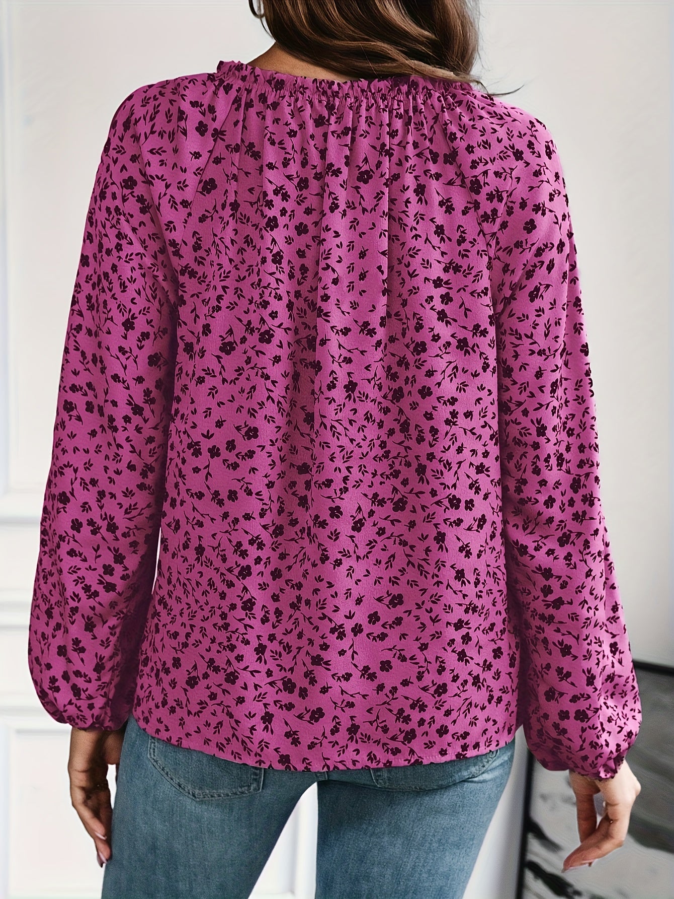 gbolsos Floral Print Cold Shoulder Blouse, Elegant Ruched Long Sleeve Blouse, Women's Clothing