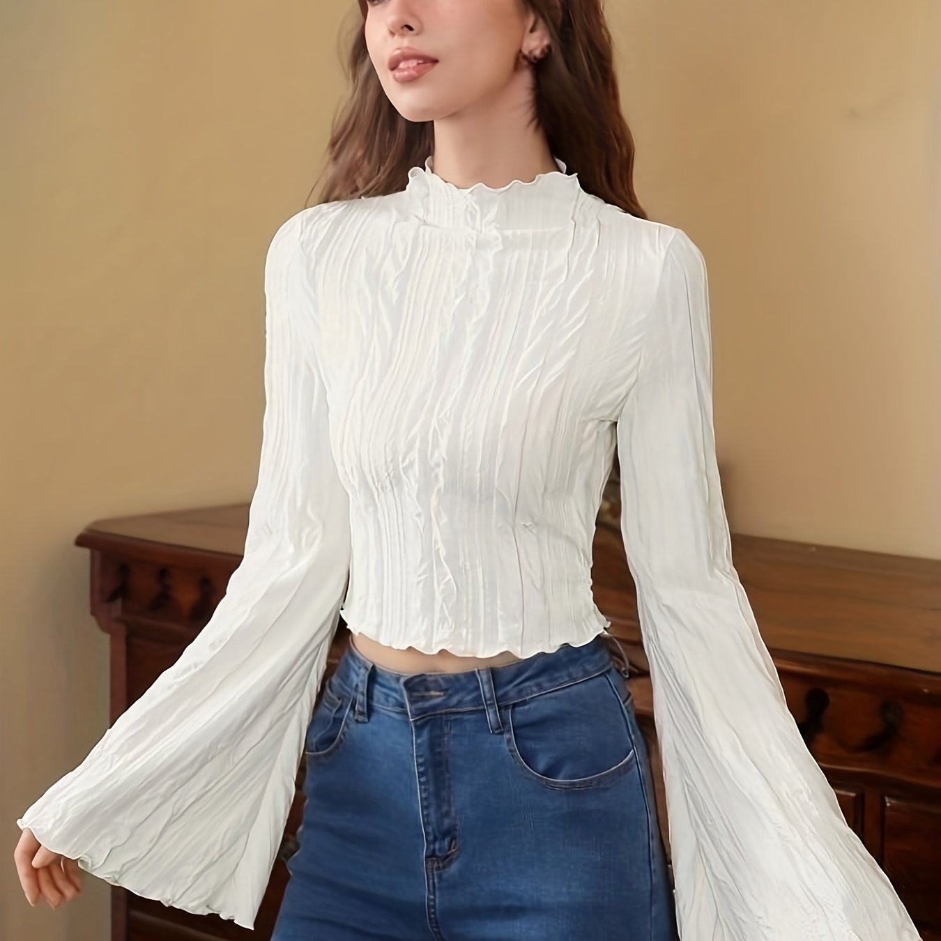Textured Flared Sleeve Crop Top, Lettuce Trim Mock Neck Top For Spring & Fall, Women's Clothing