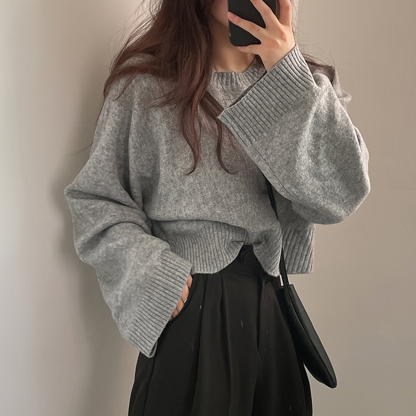 Solid Crew Neck Pullover Sweater, Casual Long Sleeve Split Loose Crop Sweater, Women's Clothing
