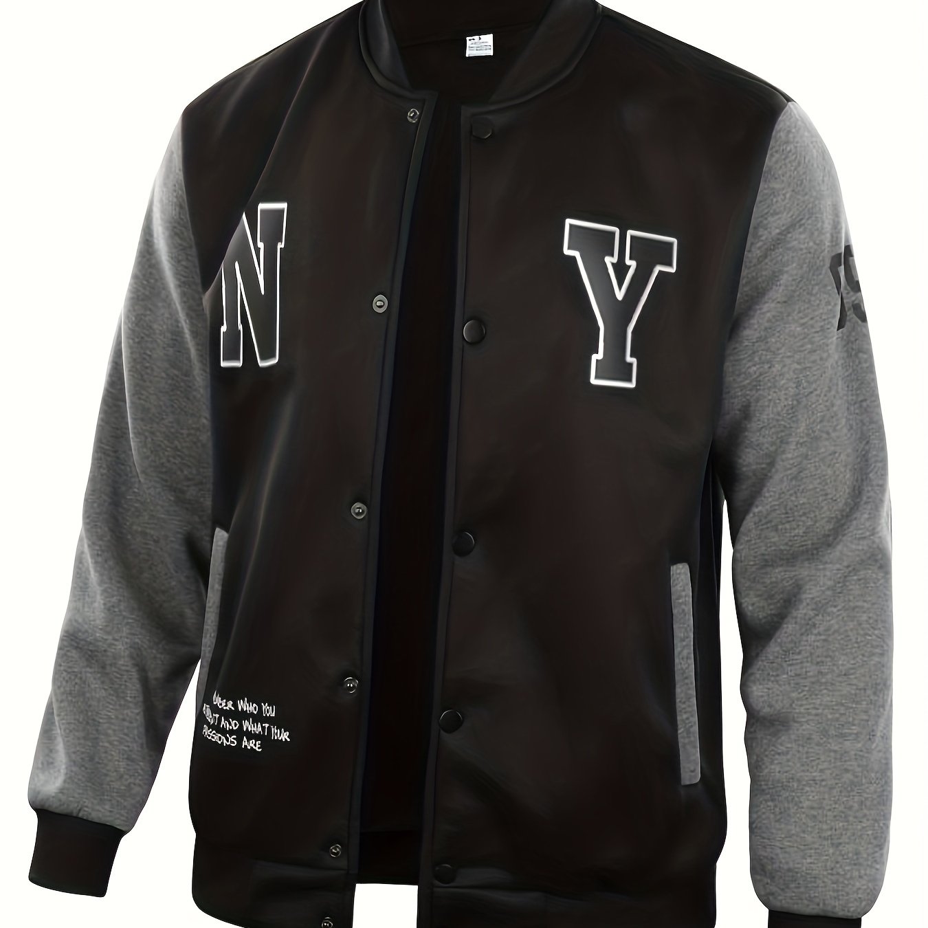 gbolsos NY Print Varsity Jacket, Men's Casual Slightly Stretchy Baseball Jacket Contrast Colors Stitching Coat Regular Fit College Hipster Windbreaker For Spring Autumn