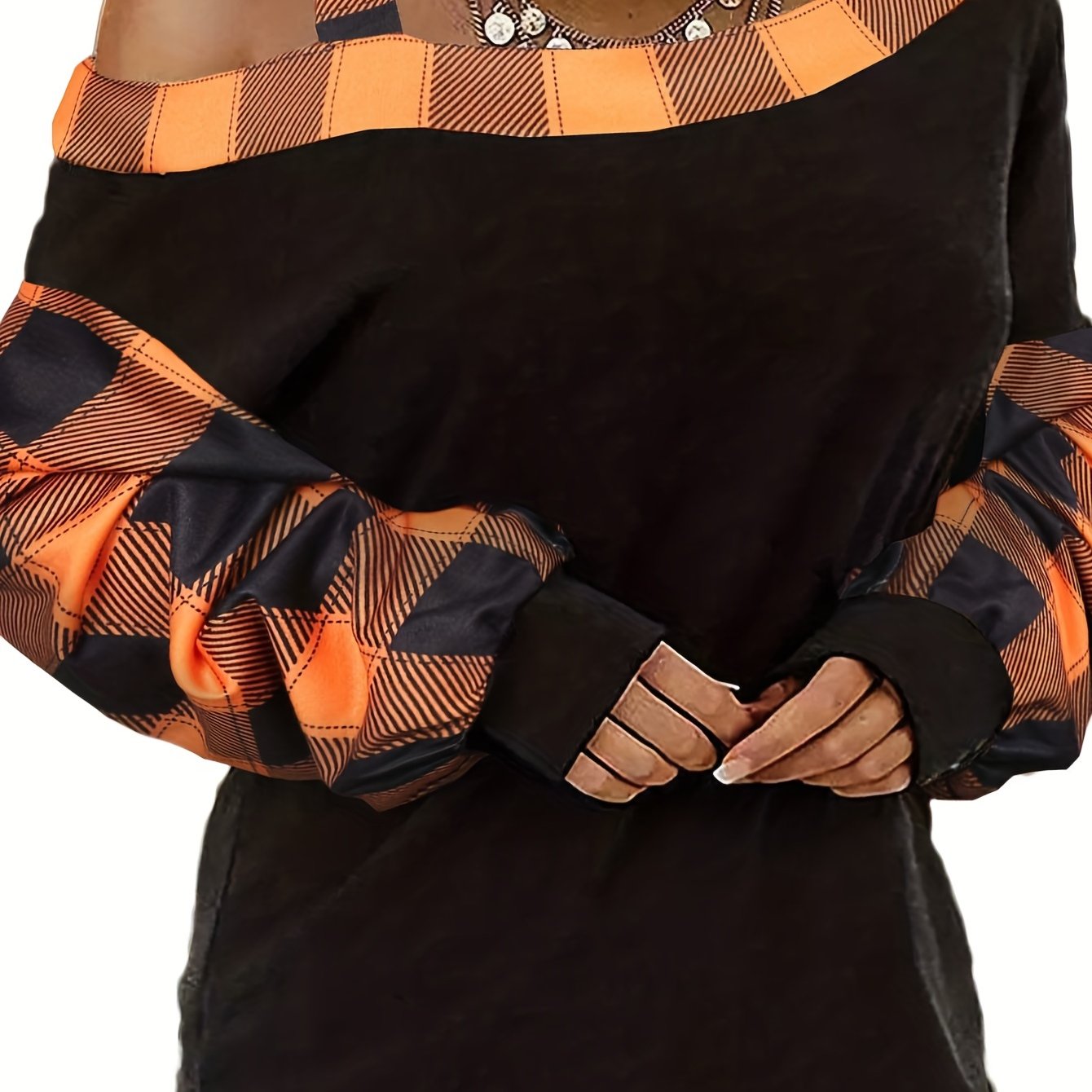 Plus Size Casual Top, Women's Plus Colorblock Gingham Print One Shoulder Long Sleeve Top