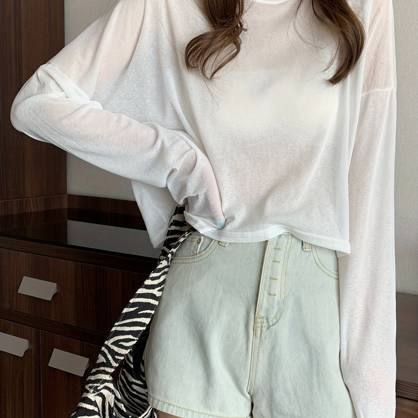 gbolsos Solid Thin Crew Neck T-Shirt, Casual Long Sleeve Top For Spring & Summer, Women's Clothing