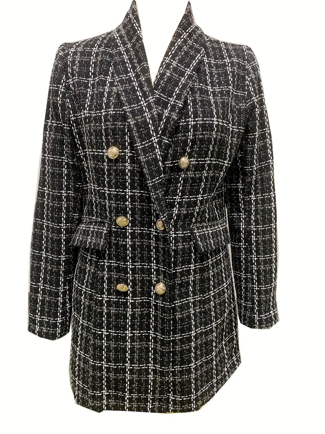 gbolsos Plaid Pattern Double Breasted Jacket, Casual Long Sleeve Open Front Outerwear, Women's Clothing