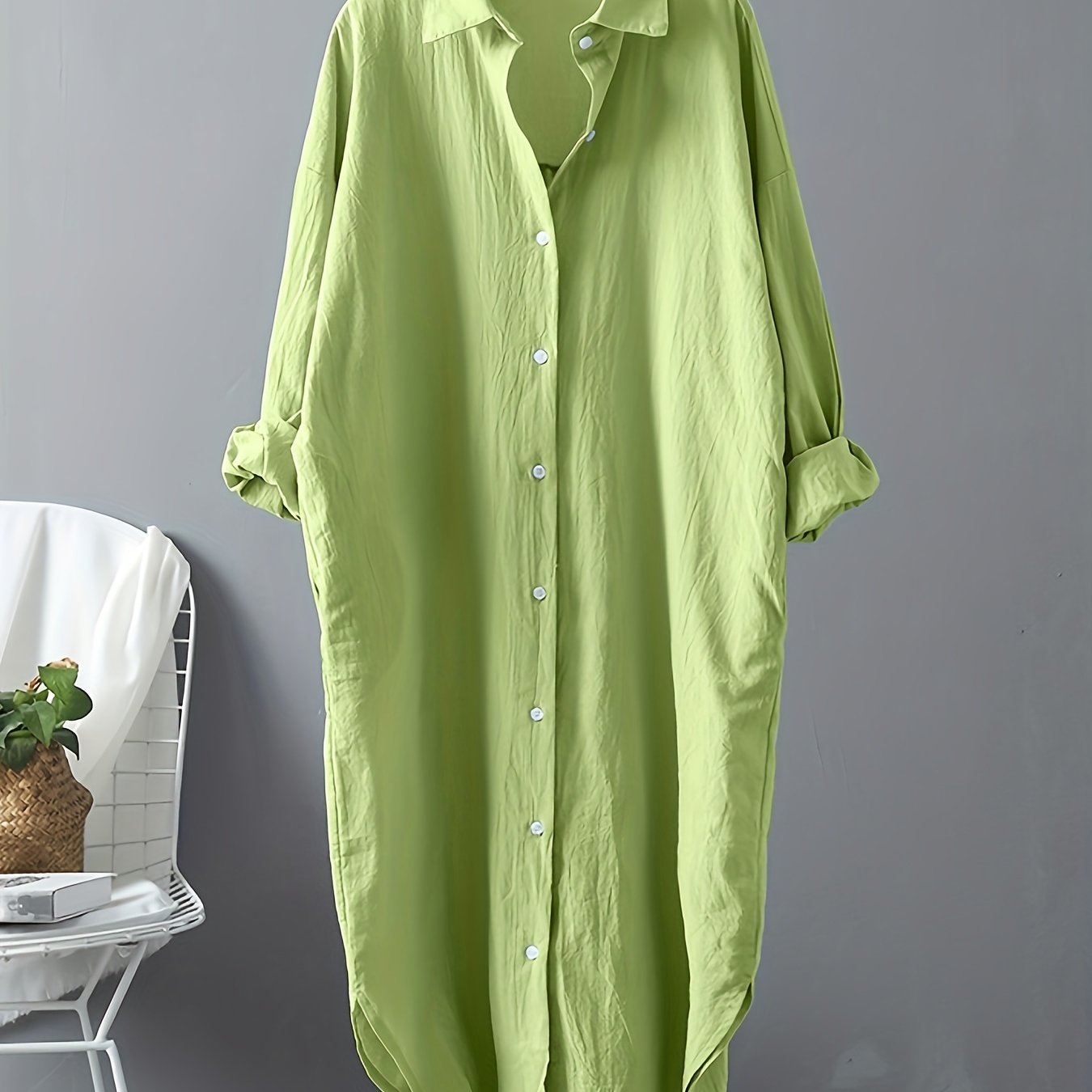 gbolsos Loose Long Sleeve Solid Lapel Shirt, Casual Medium Longline Button Shirt, Women's Clothing