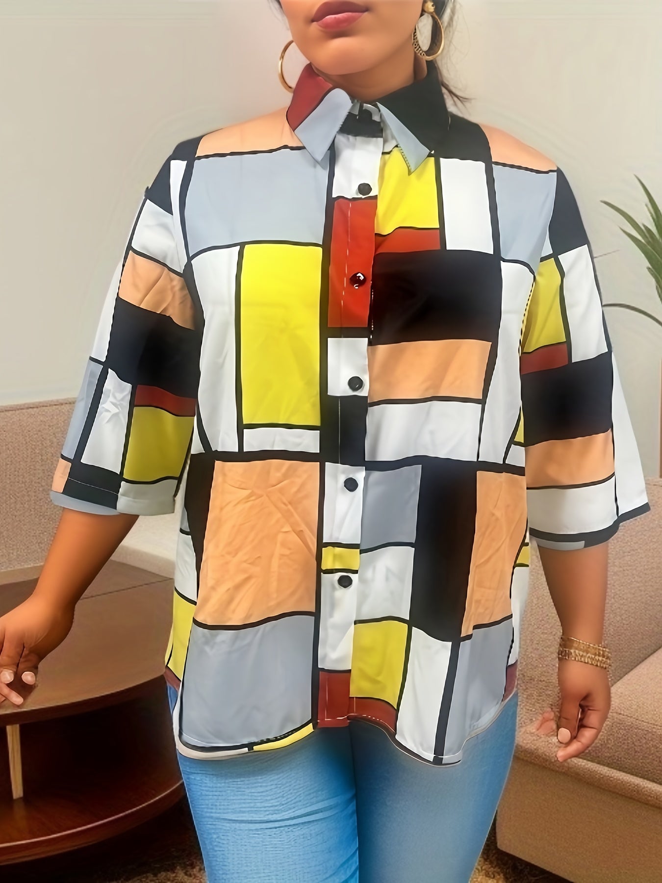 solvbao Plus Size Elegant Blouse, Women's Plus Geo Print Three Quarter Sleeve Lapel Collar Button Up Shirt