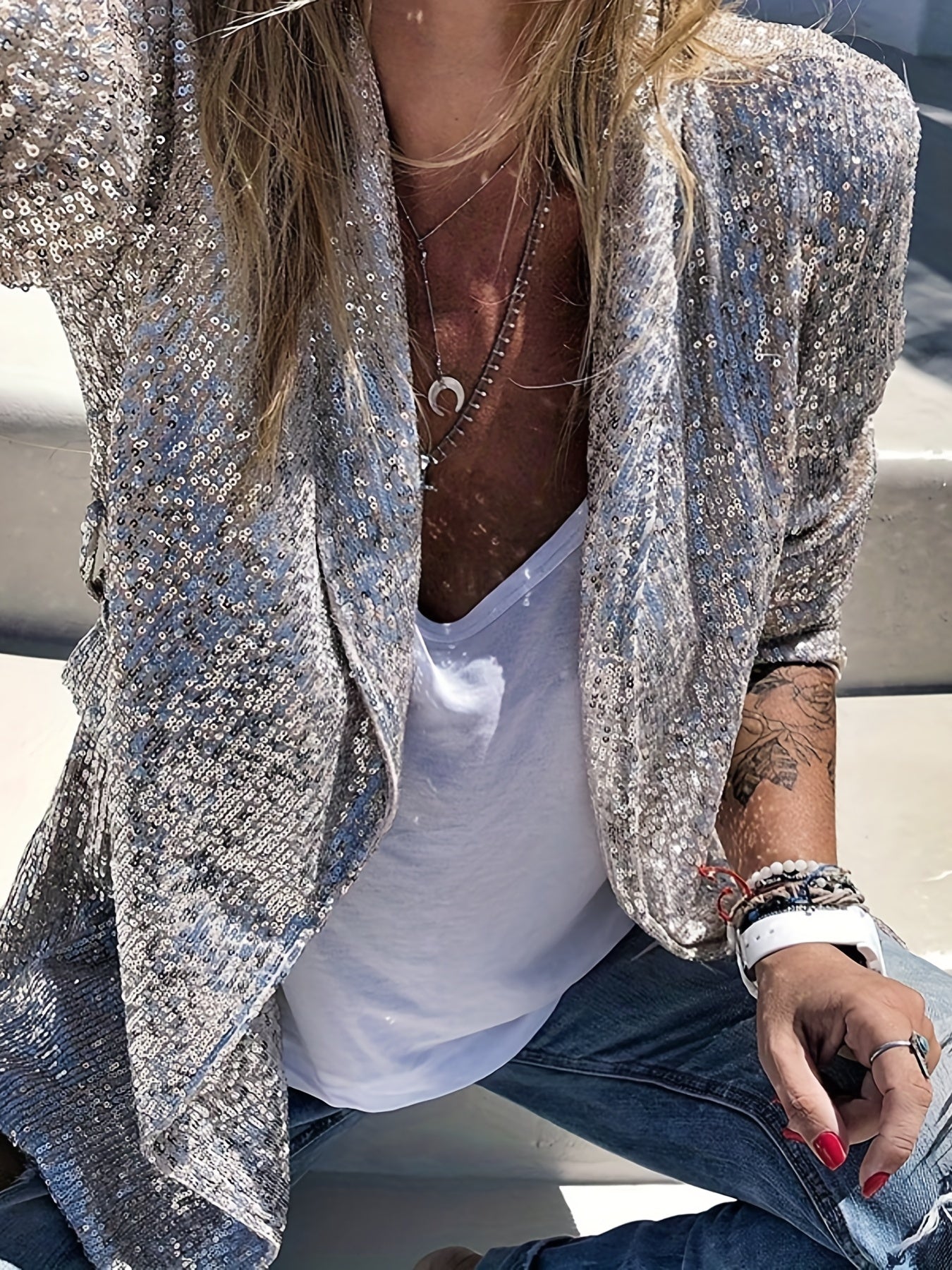 gbolsos Glitter Sequin Decor Open Front Blazer, Casual Lapel Long Sleeve Blazer, Women's Clothing