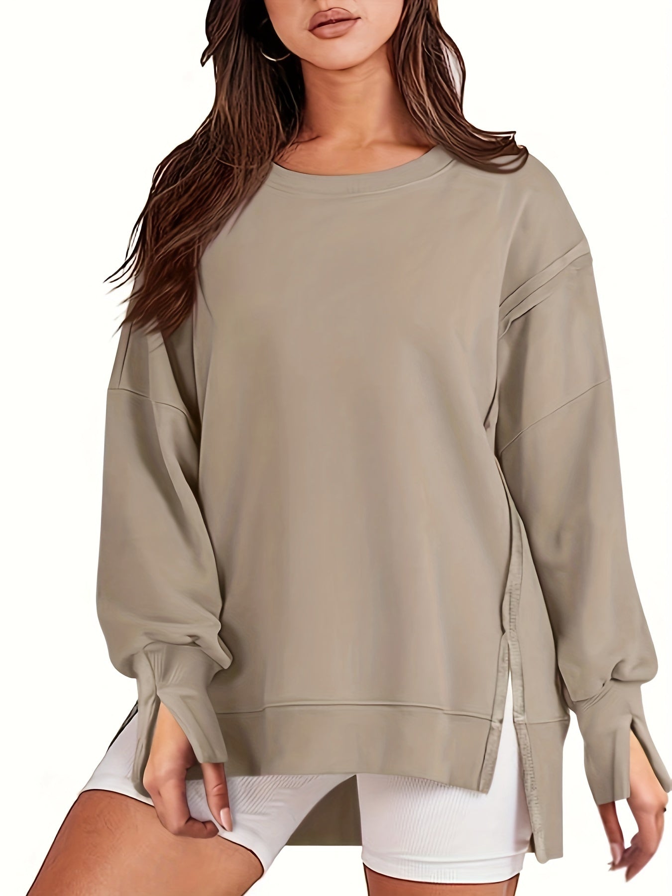 Top-stitching Dipped Hem Pullover Sweatshirt, Casual Long Sleeve Crew Neck Sweatshirt For Fall & Winter, Women's Clothing