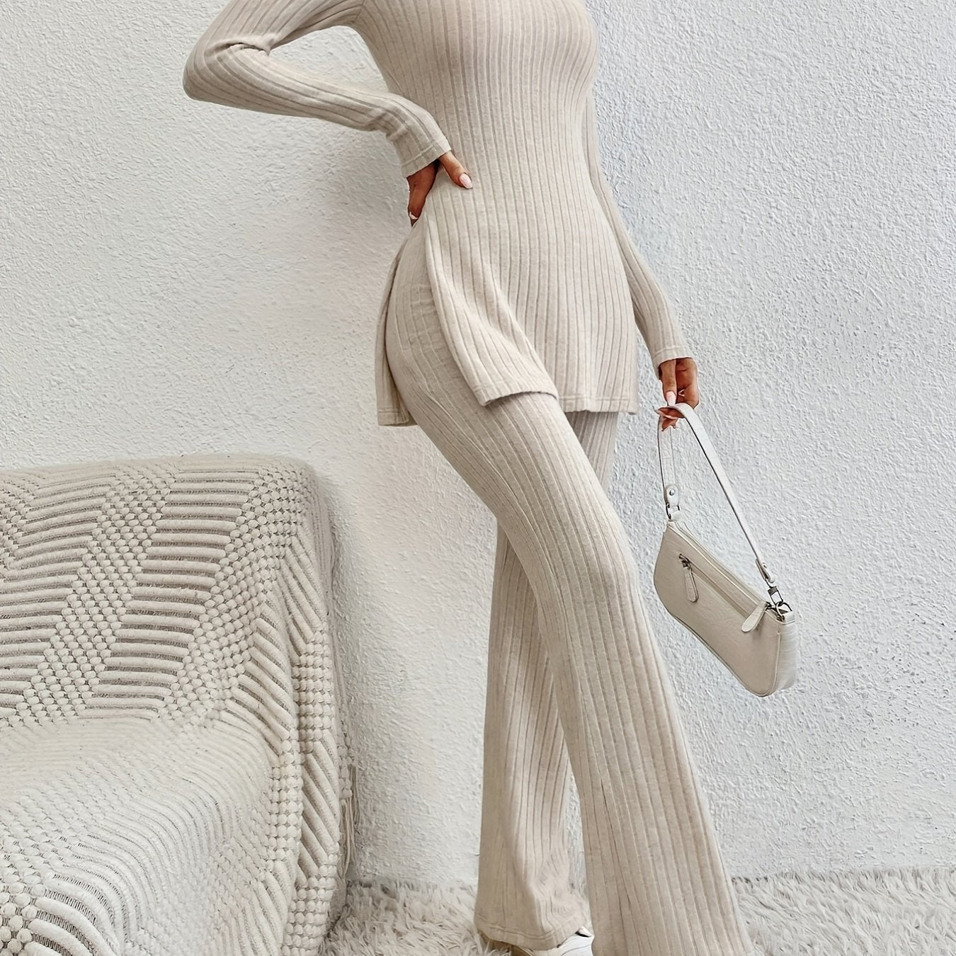 gbolsos Solid Ribbed Lounge Set, Long Sleeve Side Split Top & Elastic Waistband Pants, Women's Loungewear & Sleepwear