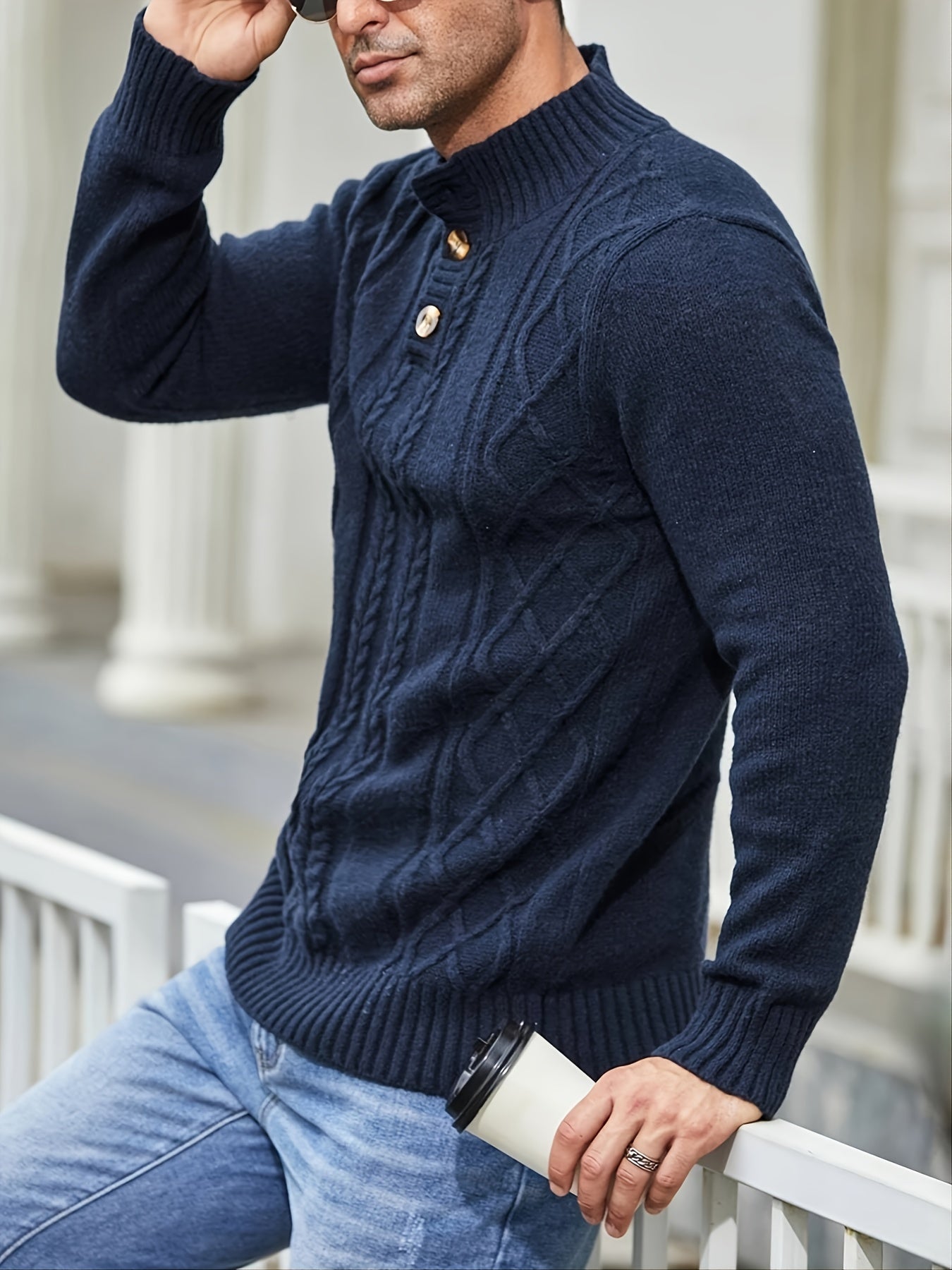 Men's Cable Knit Button Retro Long Sleeve Pullover Sweater