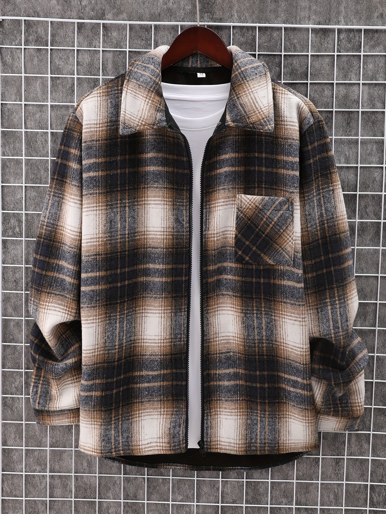gbolsos Men's Plaid Retro Jacket, Casual Lapel Chest Pocket Shirt Jacket For Fall Winter