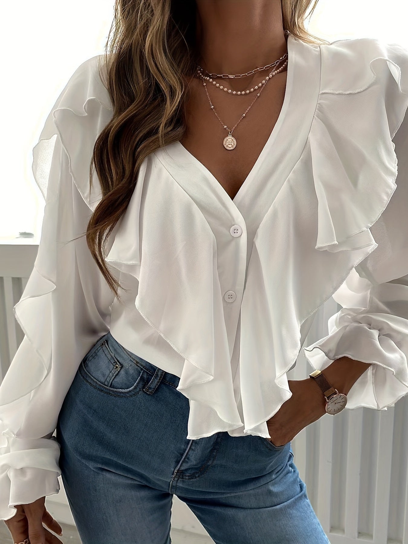 gbolsos Ruffle Trim Solid Blouse, Sexy V Neck Button Front Long Sleeve Blouse, Women's Clothing