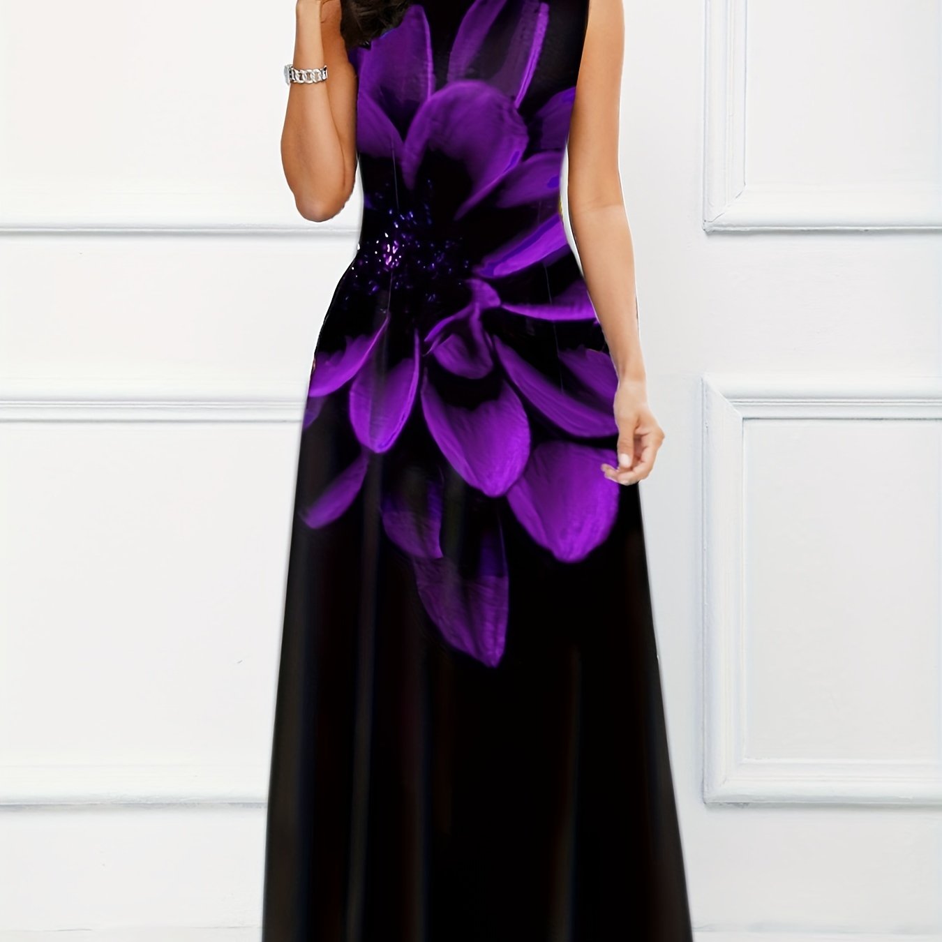 gbolsos Floral Print A-line Long Dress, Elegant Crew Neck Sleeveless Waist Summer Swing Dresses, Women's Clothing