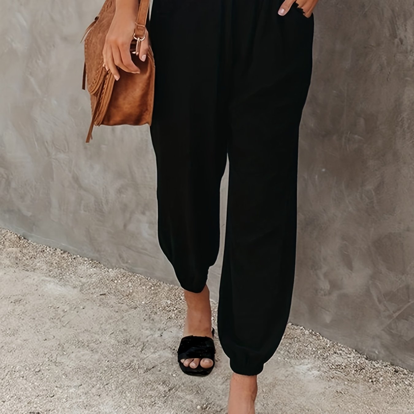 gbolsos Solid Ruched Pants, Casual Elastic High Waist Cropped Pants With Pockets, Women's Clothing