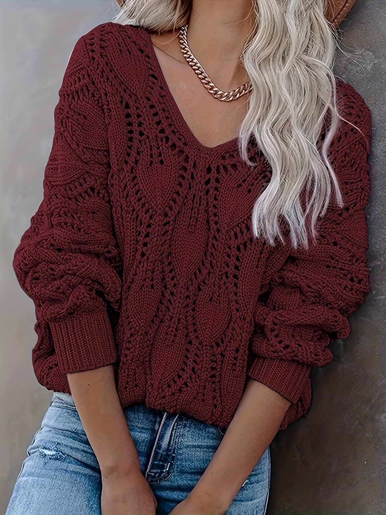 Cut Out V Neck Sweater, Casual Long Sleeve Sweater For Fall & Winter, Women's Clothing