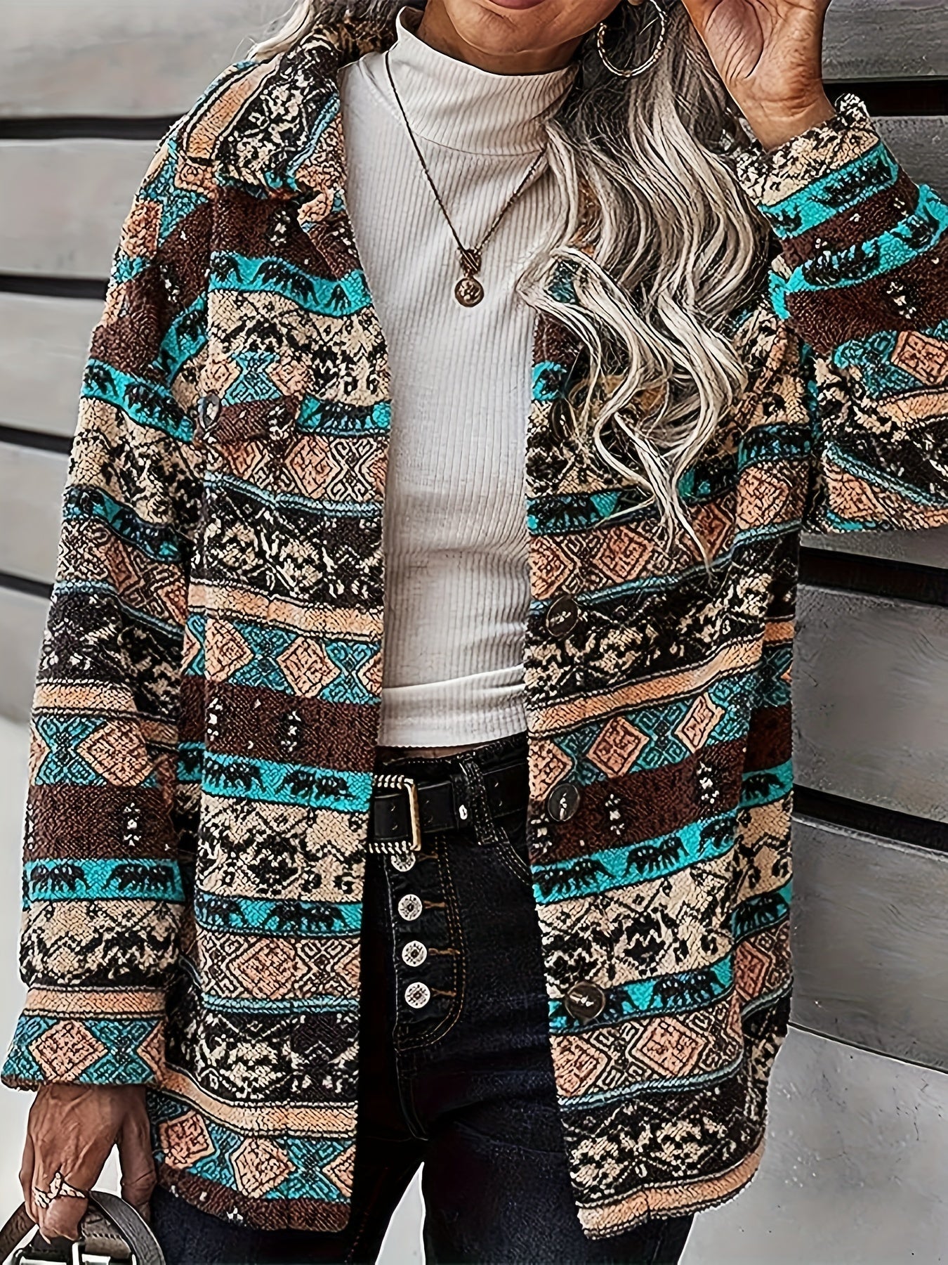 gbolsos Ethnic Geo Print Button Down Jacket, Casual Long Sleeve Drop Shoulder Outwear, Women's Clothing