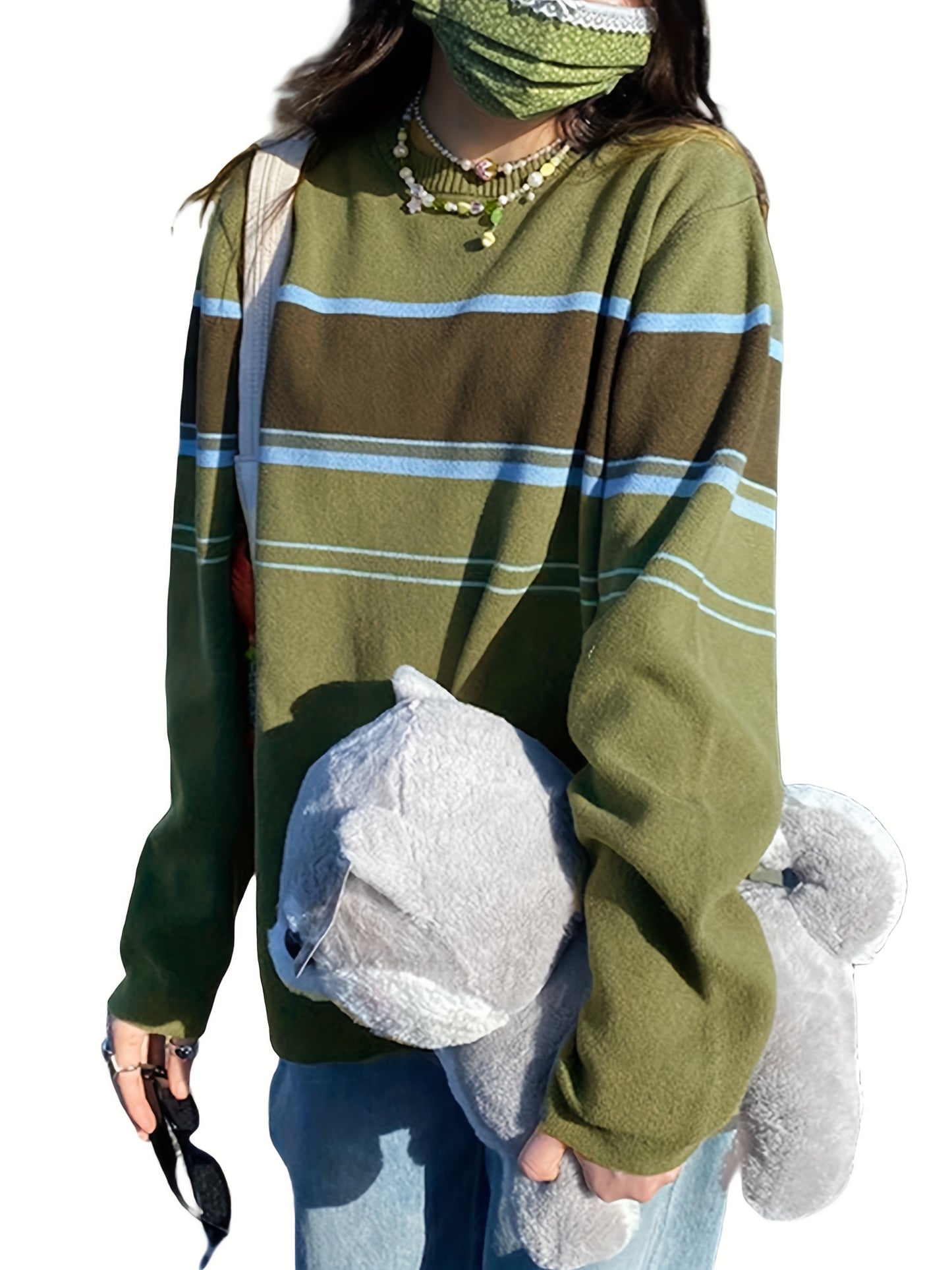 gbolsos Striped Print Knit Sweater, Casual Crew Neck Long Sleeve Sweater, Women's Clothing