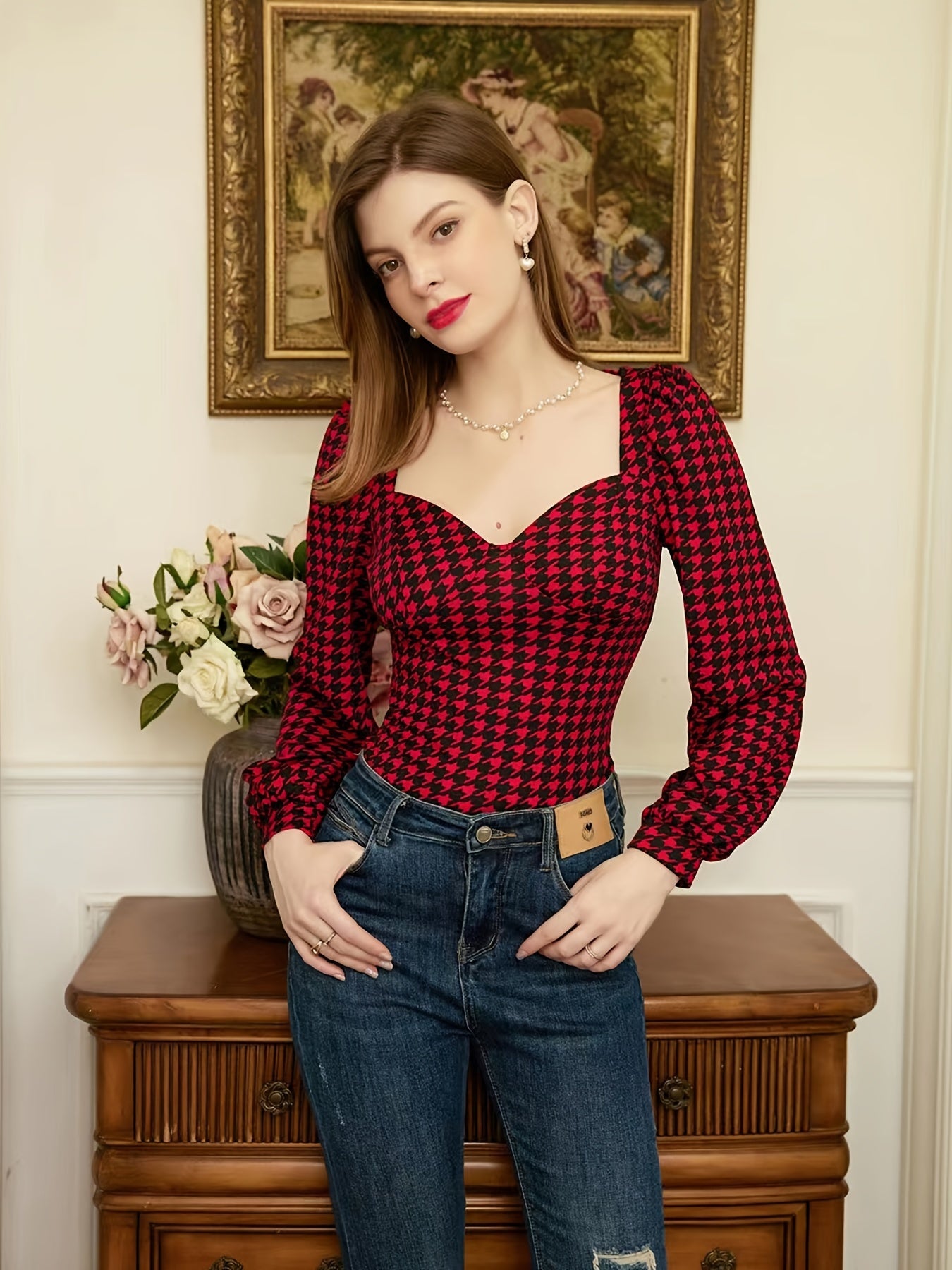 gbolsos Off The Shoulder Elegant Lantern Sleeve T-Shirt, Houndstooth Print Top For Autumn And Winter, Women's Clothing