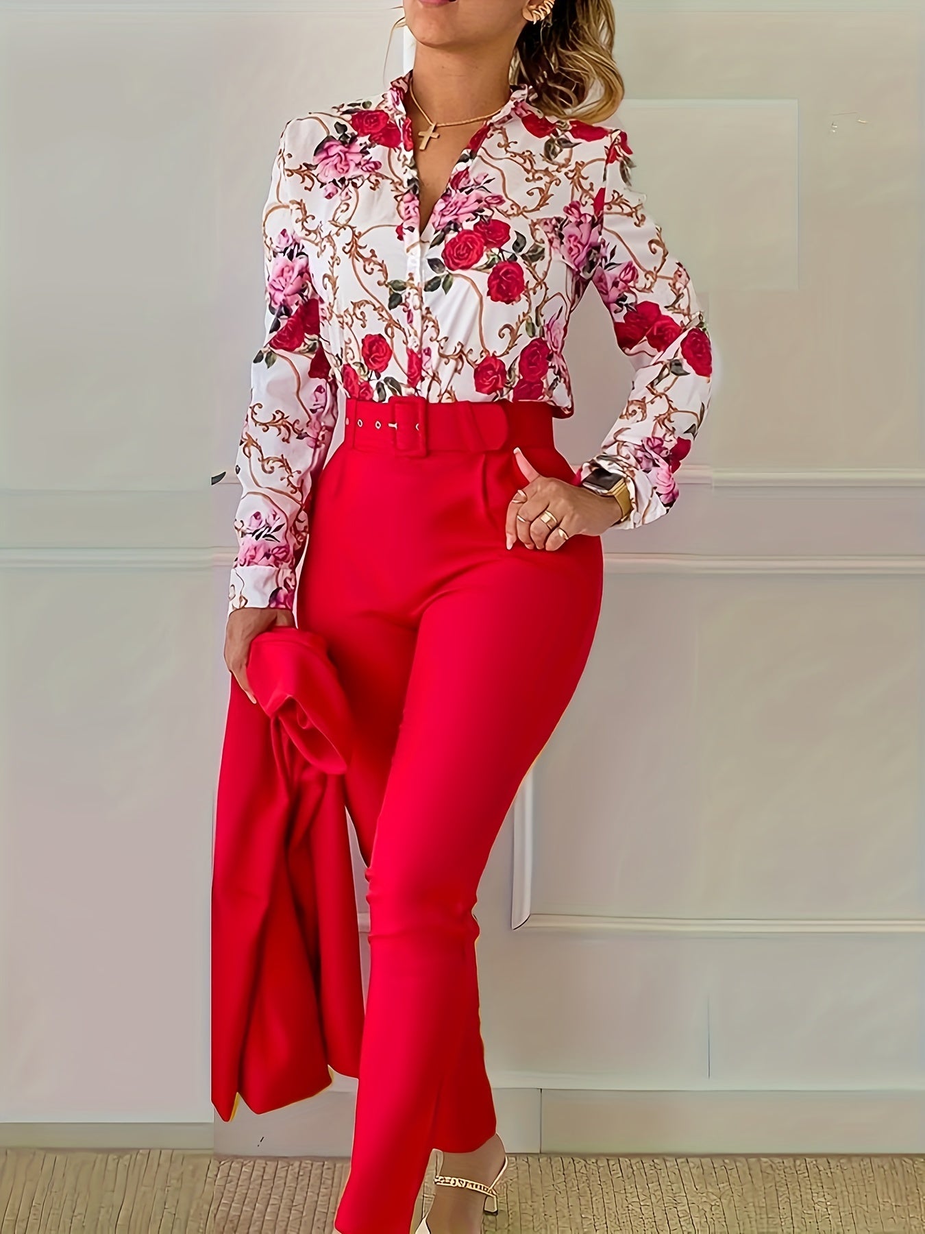 gbolsos Elegant Two-piece Set, Floral Print V Neck Long Sleeve Blouse & Solid Belted Tapered Pants Outfits, Women's Clothing