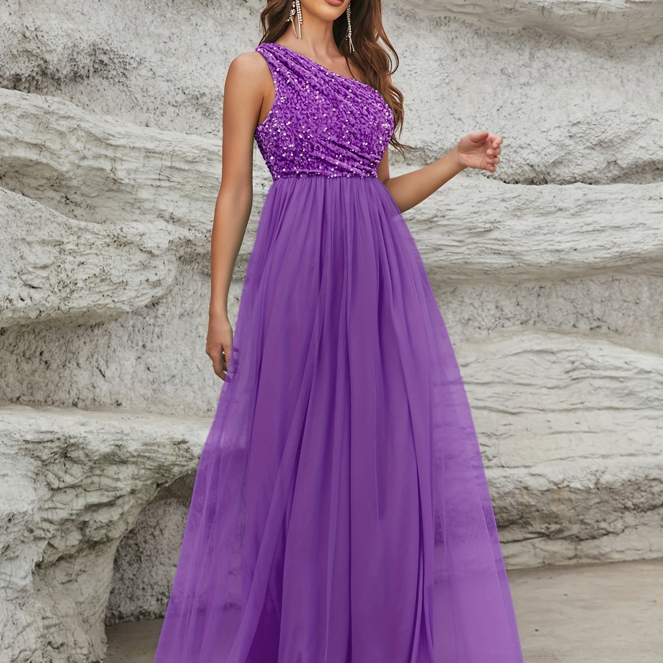 One Shoulder Sequin Dress, Elegant Sleeveless Dress For Party & Banquet, Women's Clothing