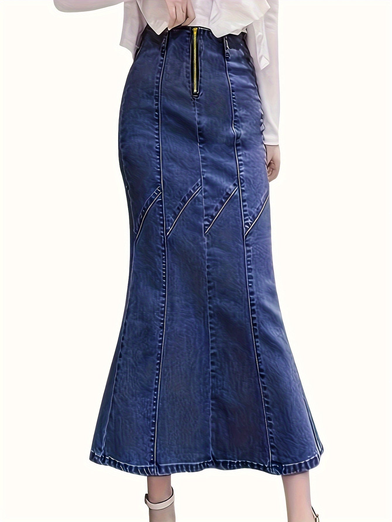 gbolsos Blue Zip Front Denim Midi Skirt, High Stretch Mermaid High Waist Casual Denim Midi Skirt, Women's Denim Clothing