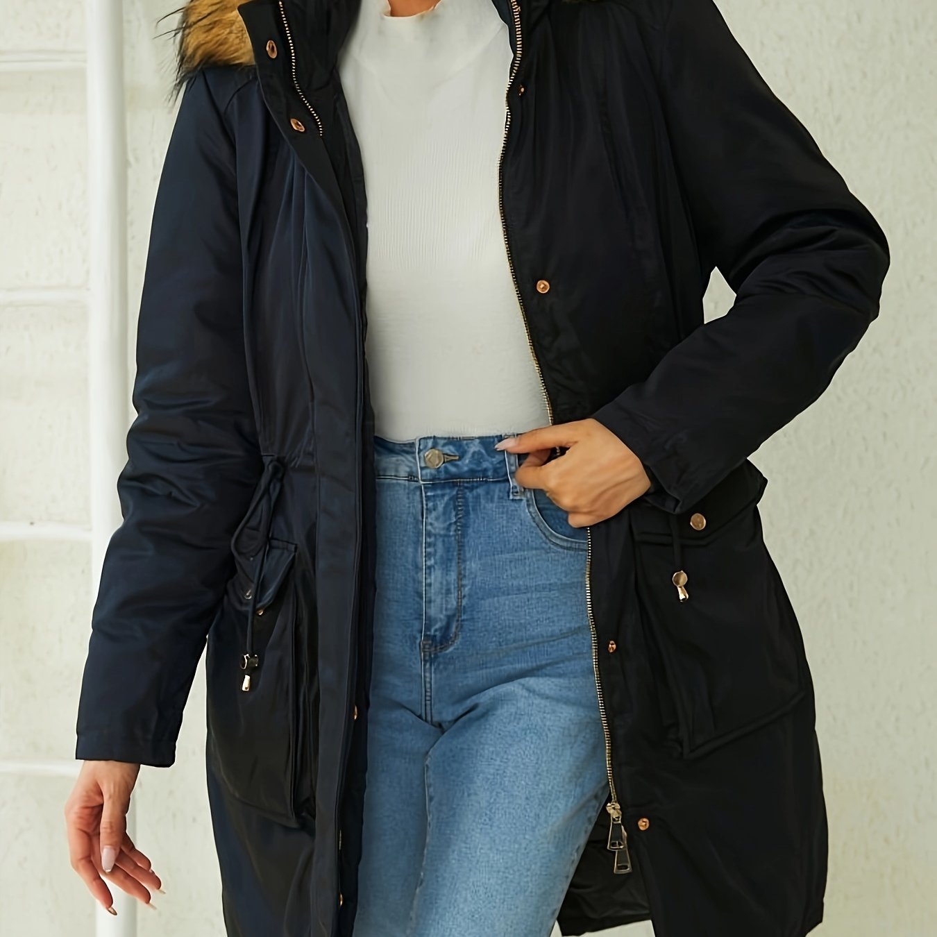 gbolsos Faux Fur Trim Hooded Coat, Casual Zip & Button Front Long Sleeve Winter Warm Outerwear, Women's Clothing