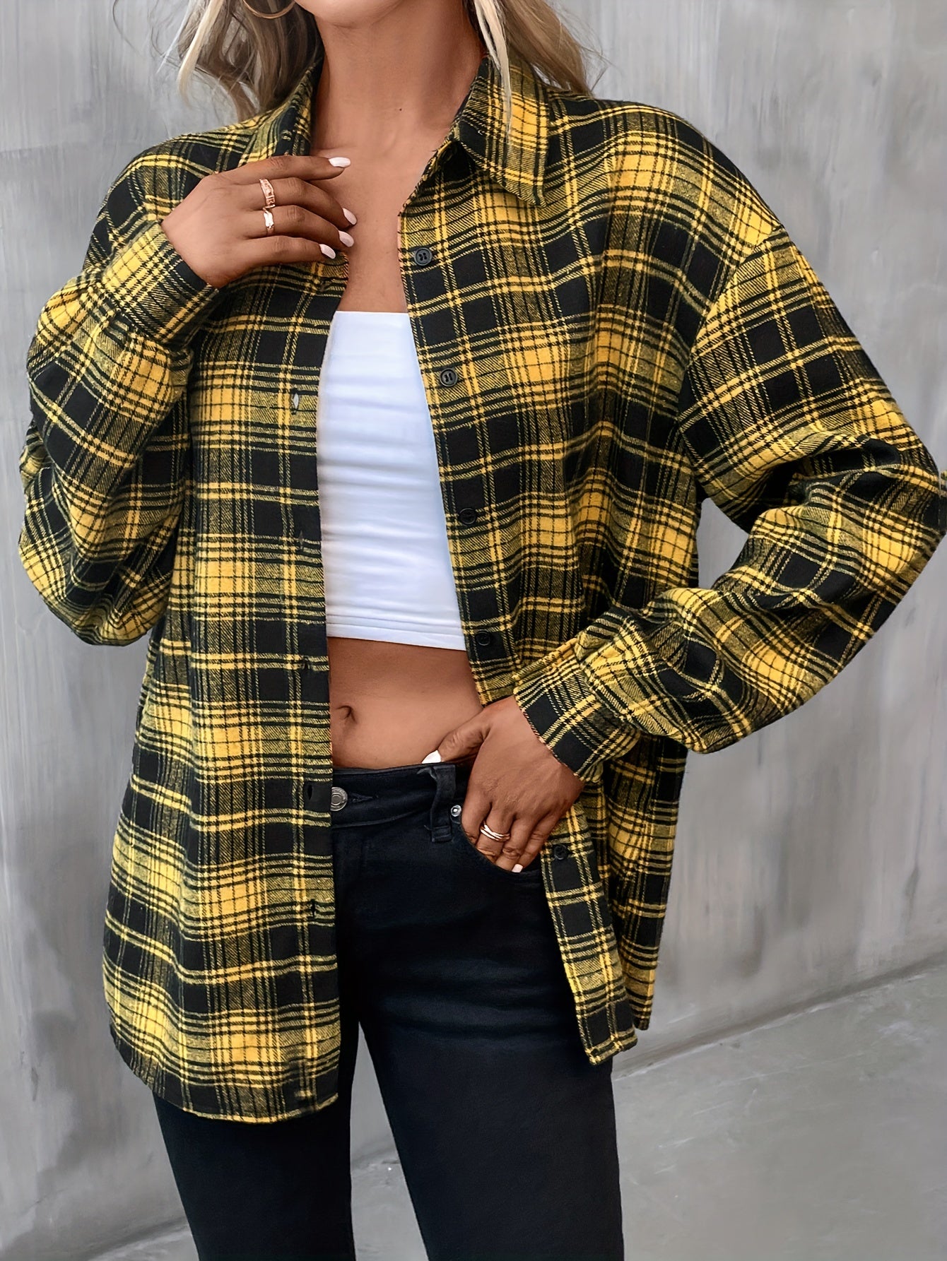 gbolsos Plaid Print Shirt, Casual Button Front Long Sleeve Classic Shirt, Women's Clothing