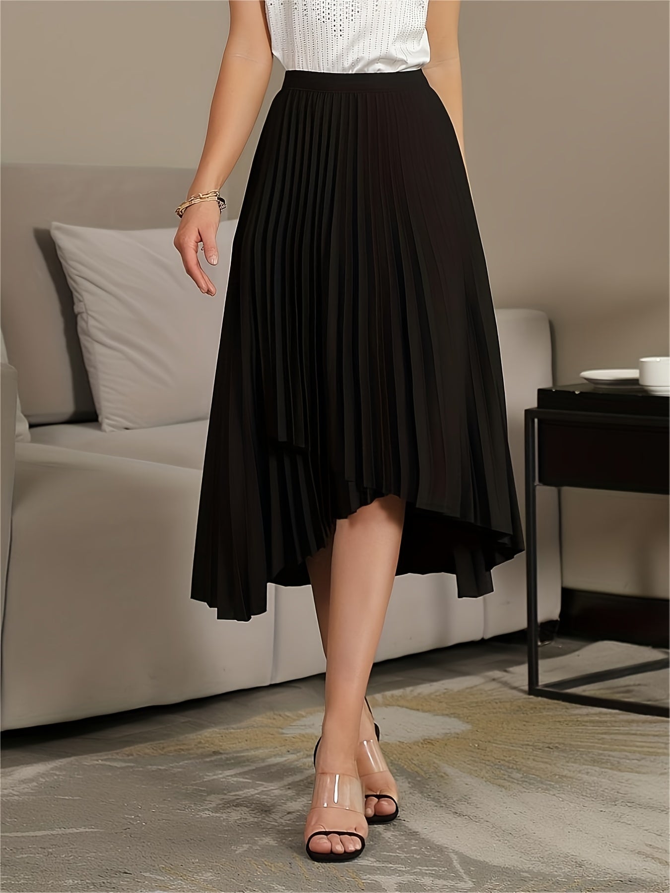 Solid Pleated Skirts, Elegant Asymmetrical High Waist A Line Skirts, Women's Clothing