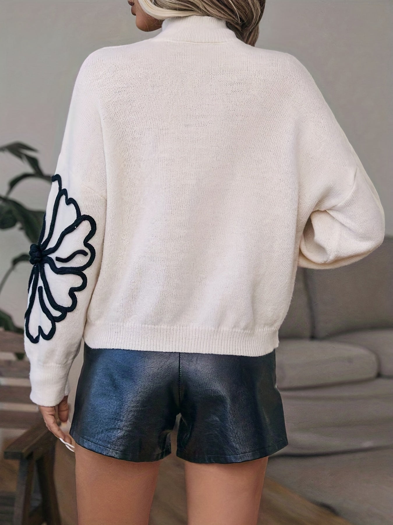 gbolsos Floral Knitted Pullover Sweater, Casual Long Sleeve Mock Neck Sweater For Fall & Winter, Women's Clothing