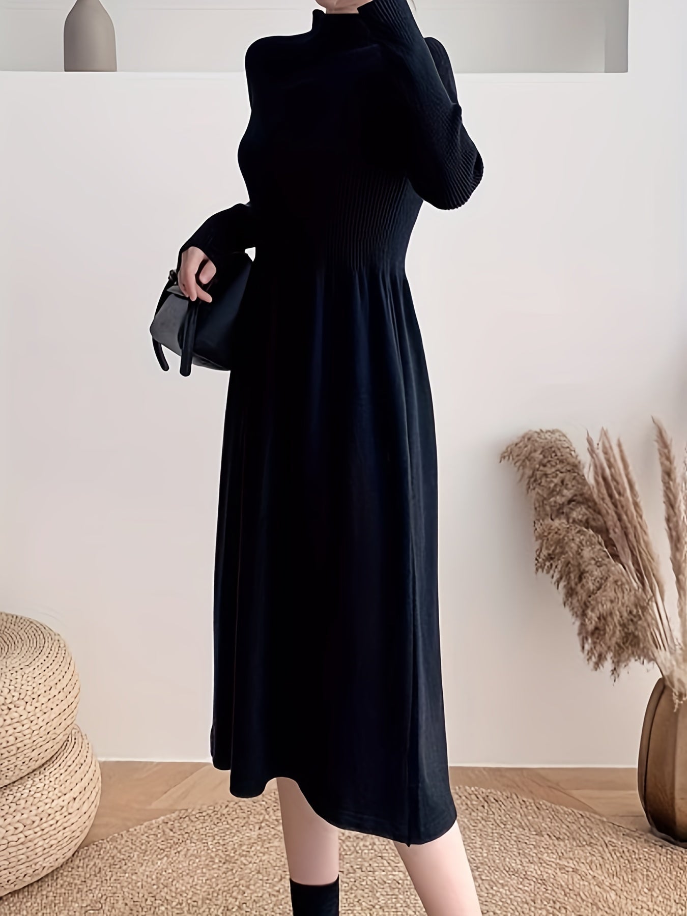 gbolsos Solid Mock Neck Splicing Dress, Elegant Long Sleeve Aline Dress For Spring & Fall, Women's Clothing