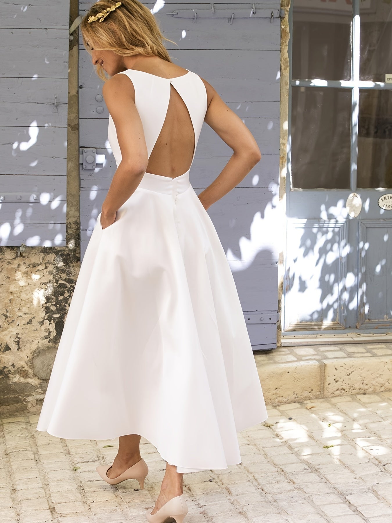 gbolsos Solid V Neck Elegant Bridesmaid Dress, Backless Mid-Waist Summer Dress For Wedding Party, Women's Clothing