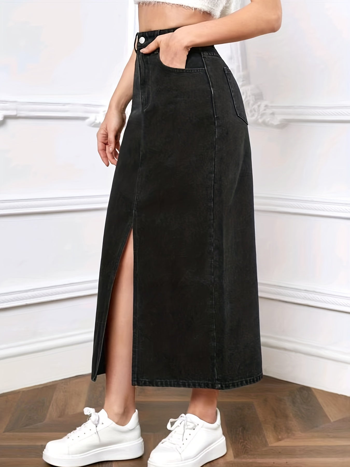 Black Slant Pockets Denim Midi Skirt, Non-Stretch Split Casual Denim Skirt, Women's Denim Clothing