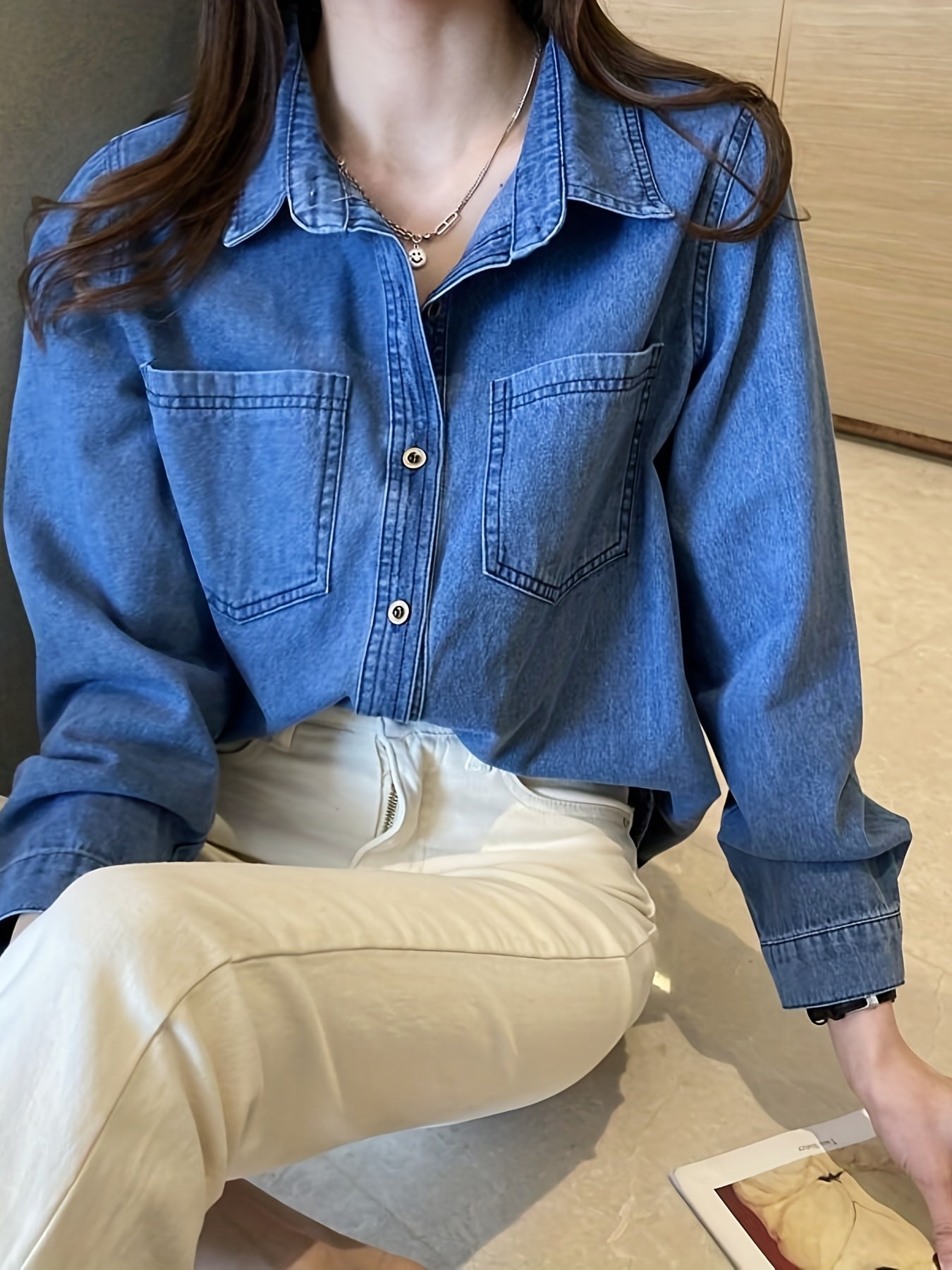gbolsos Blue Loose Fit Lapel Denim Shirt, Long Sleeves Patch Pockets Casual Denim Shirt, Women's Denim Clothing