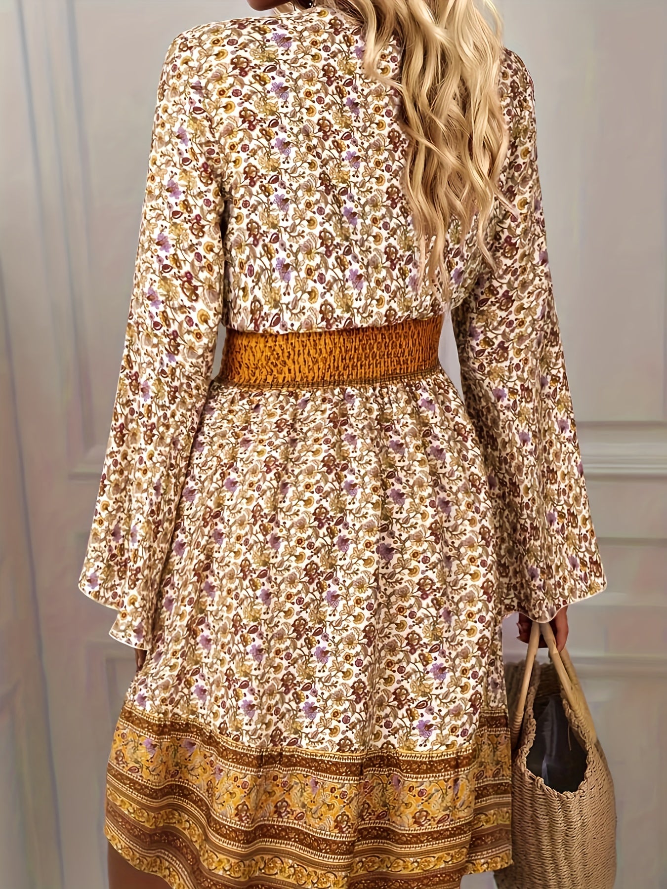 gbolsos Floral Print Flared Sleeve Dress, Boho V Neck Midi Dress, Women's Clothing