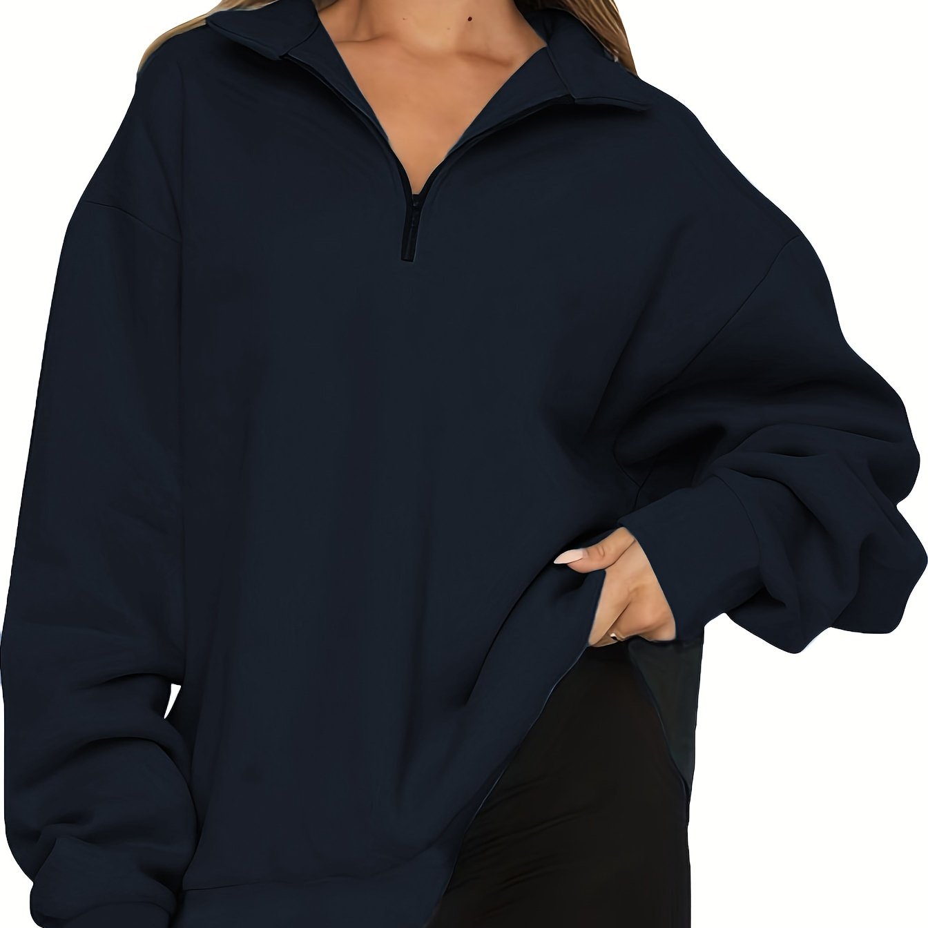 Quarter Zip Lapel Neck Sweatshirt, Casual Sporty Long Sleeve Sweatshirt For Fall & Winter, Women's Clothing