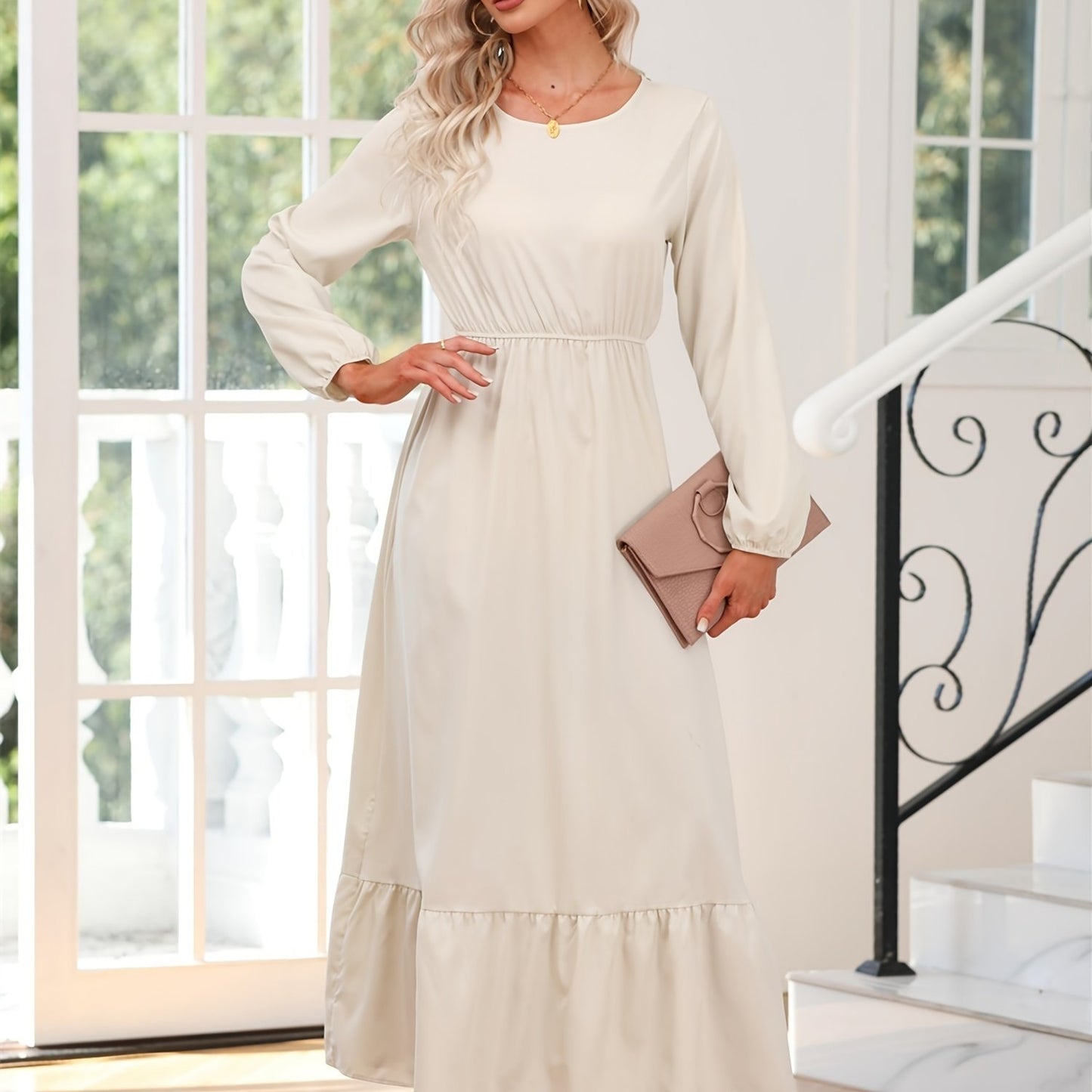 gbolsos Elegant Crew Neck Draped Extra-long Dress, Casual Long Sleeve Solid Elastic Waist Ruffle Hem Party Long Dresses, Women's Clothing