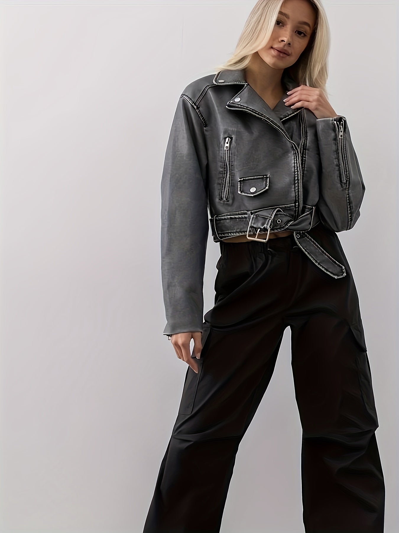 gbolsos Cropped Faux Leather Biker Jacket, Vintage Slant Pockets Belt Decor Jacket, Women's Clothing