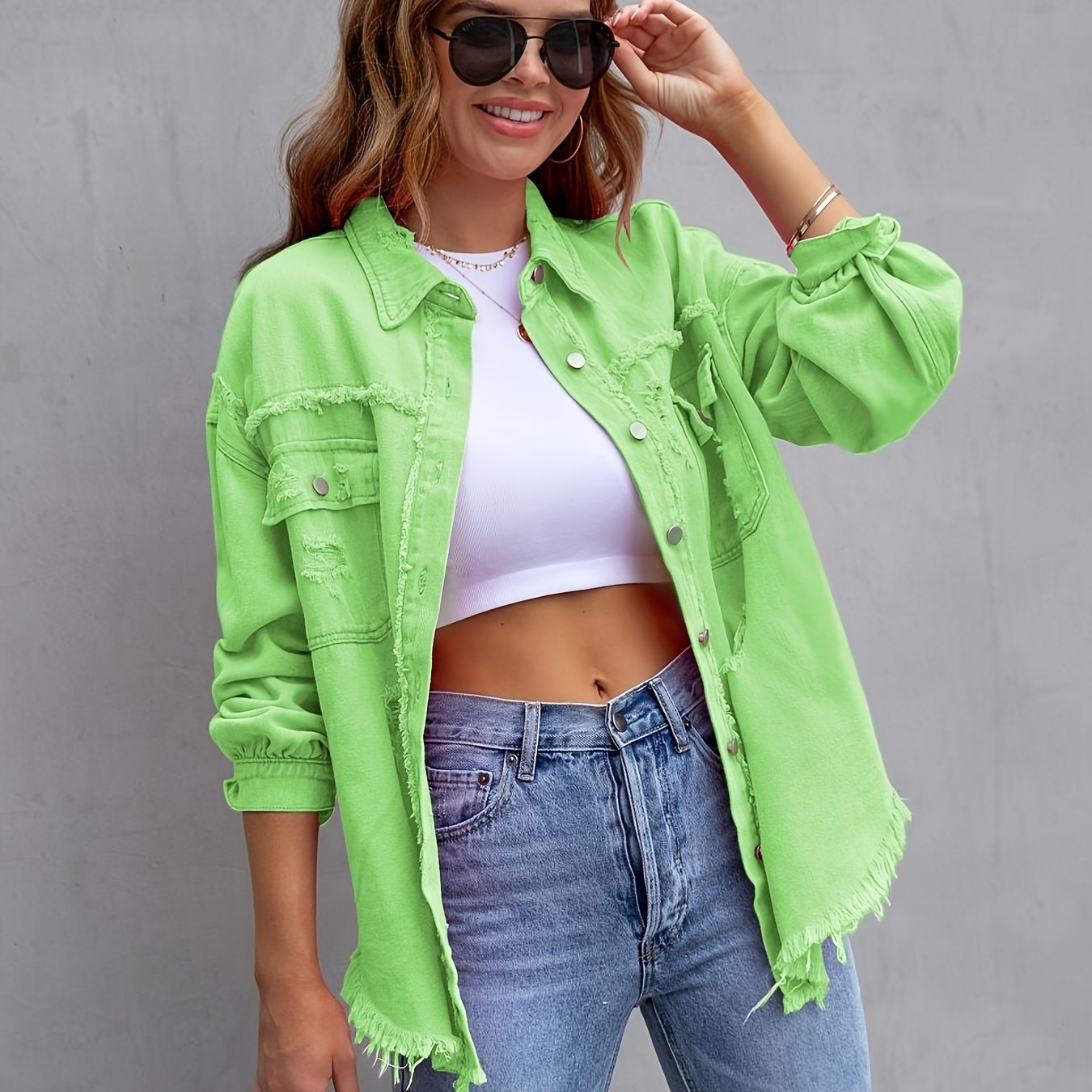 gbolsos Plain Ripped Holes Lapel Denim Jackets, Distressed Raw Hem Long Sleeves Casual Denim Coats, Women's Denim Clothing