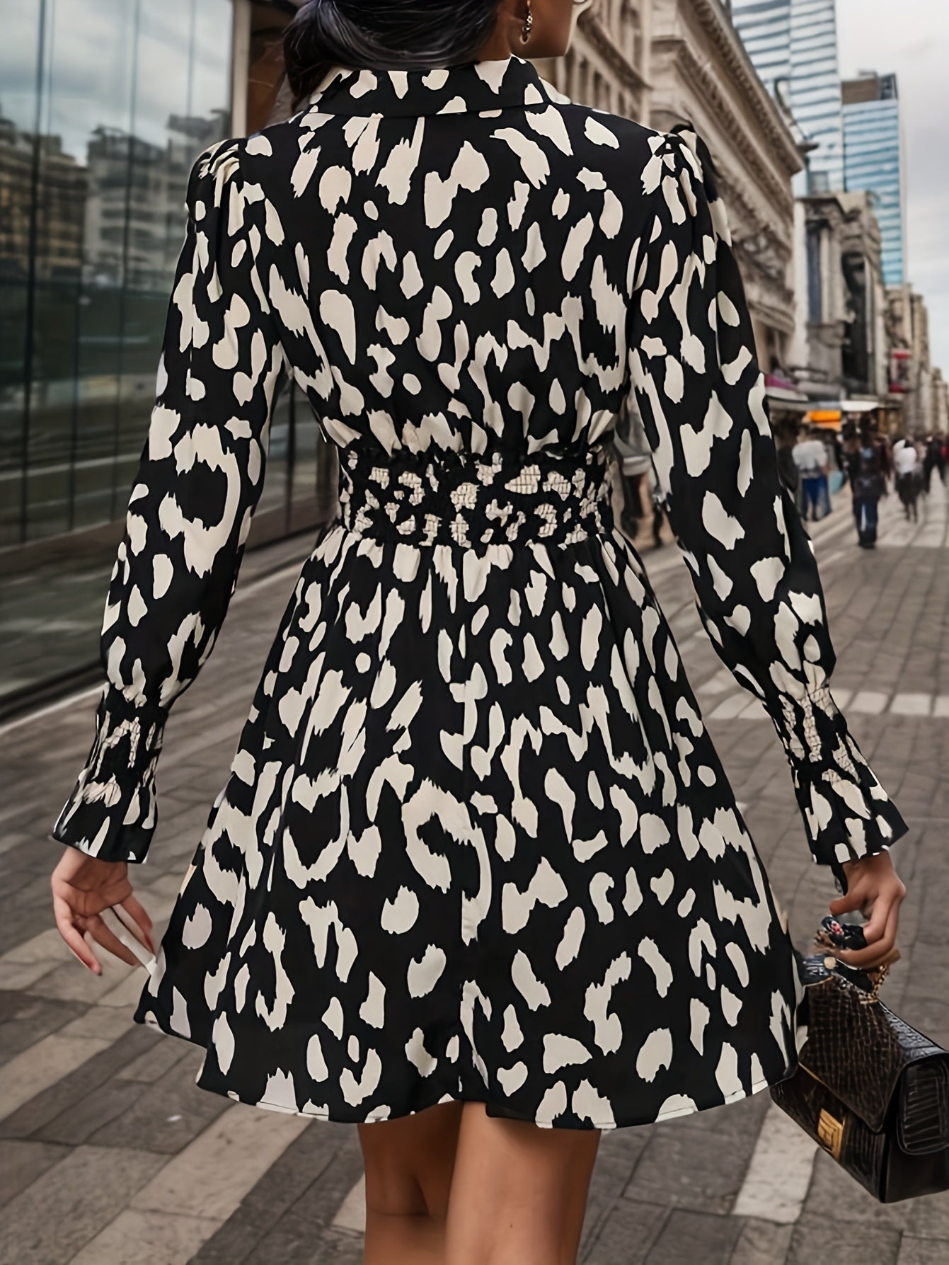 gbolsos Leopard Print Shirred Waist Dress, Casual Long Sleeve Button Front Dress, Women's Clothing