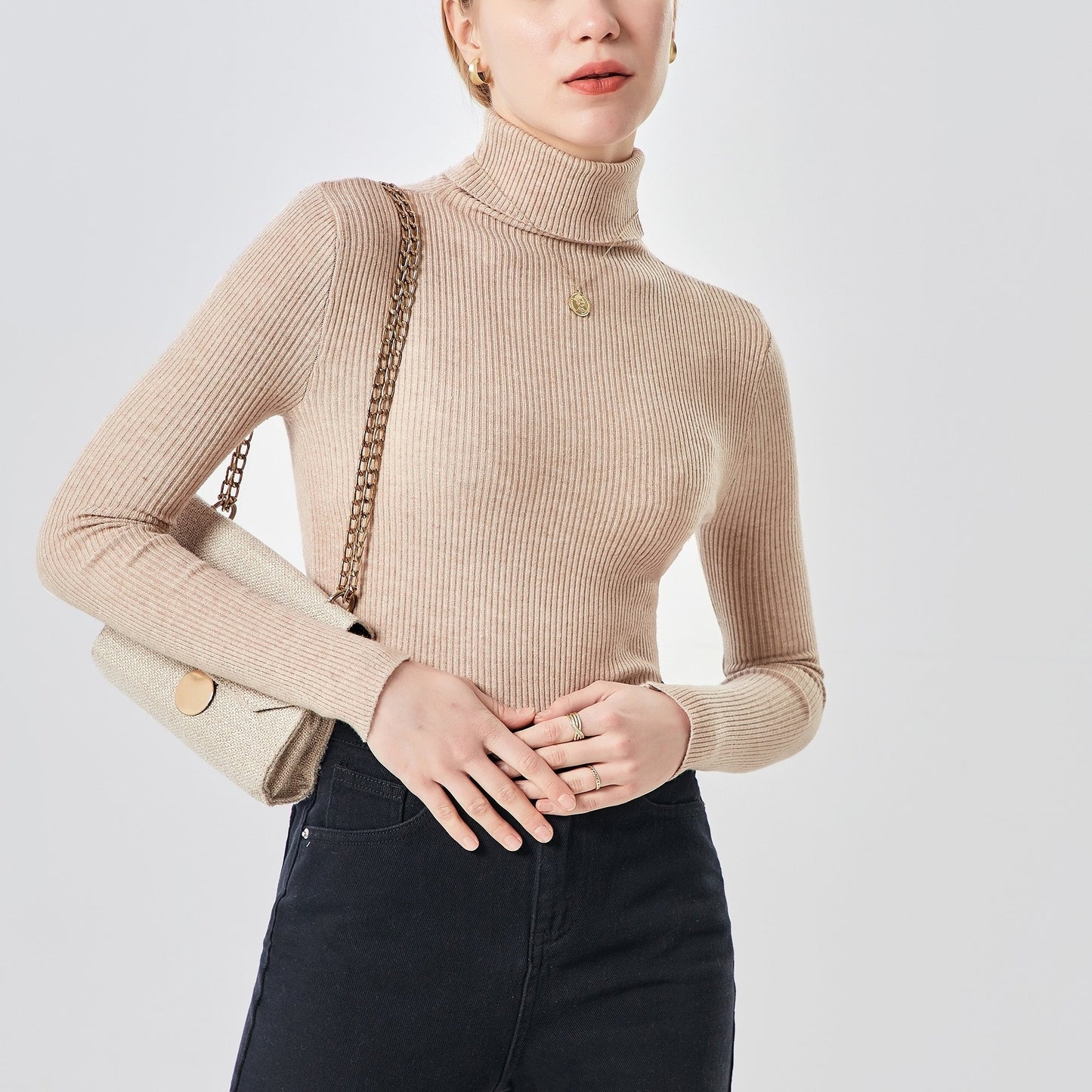 gbolsos Women's Sweater Turtleneck Solid Ribbed Long Sleeve Slim Pullover Knit Tops