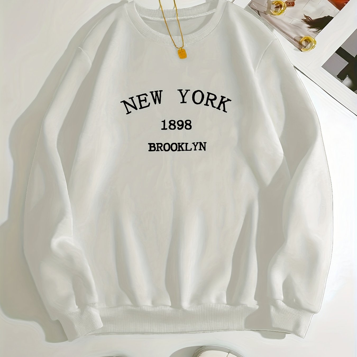 New York Brooklyn Print Loose Sweatshirt, Casual Long Sleeve Crew Neck Sweatshirt, Women's Clothing